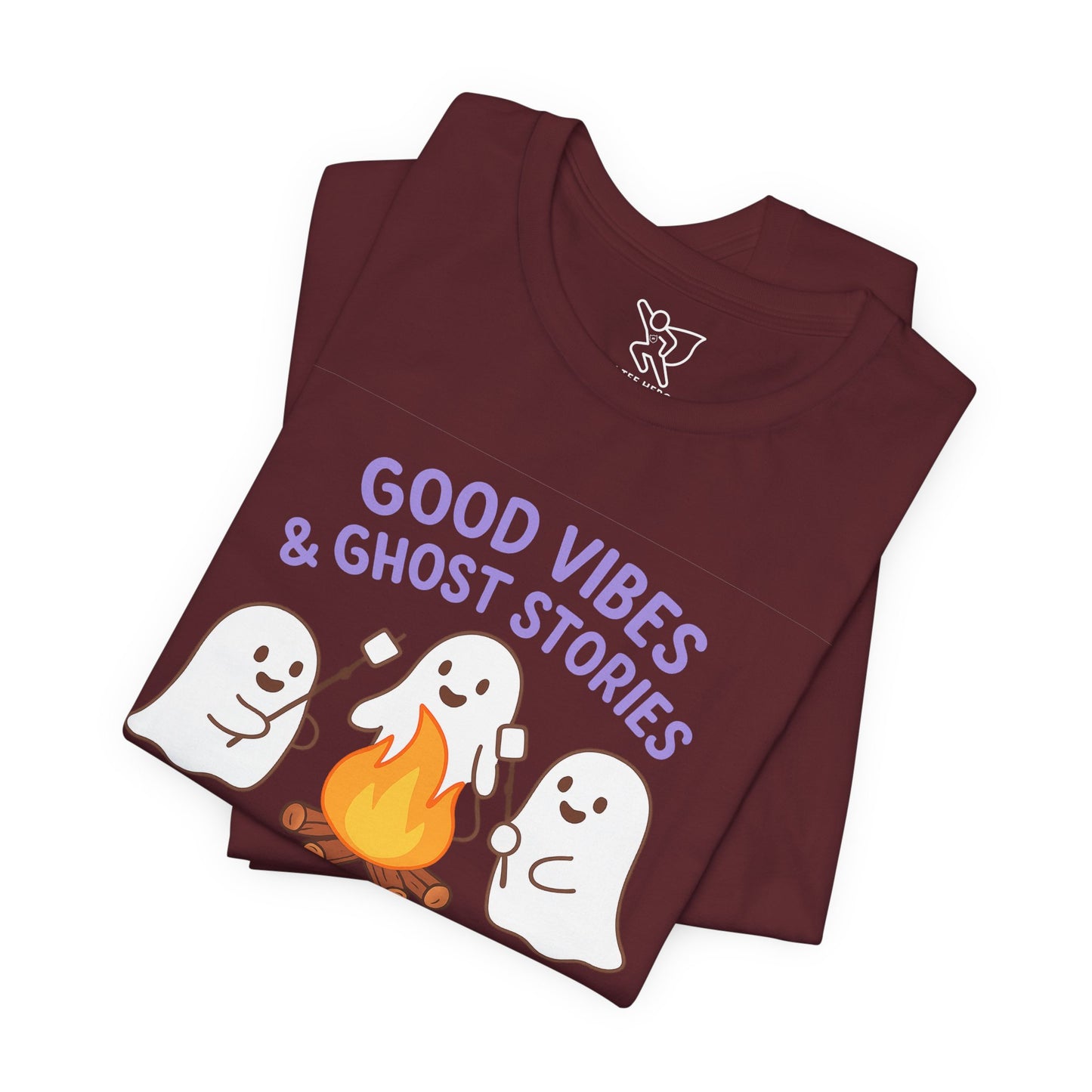 "Good Vibes & Ghost Stories" Unisex Jersey Short Sleeve Shirt for Halloween, Campfire Nights, Cozy Gatherings, Spirit Enthusiasts