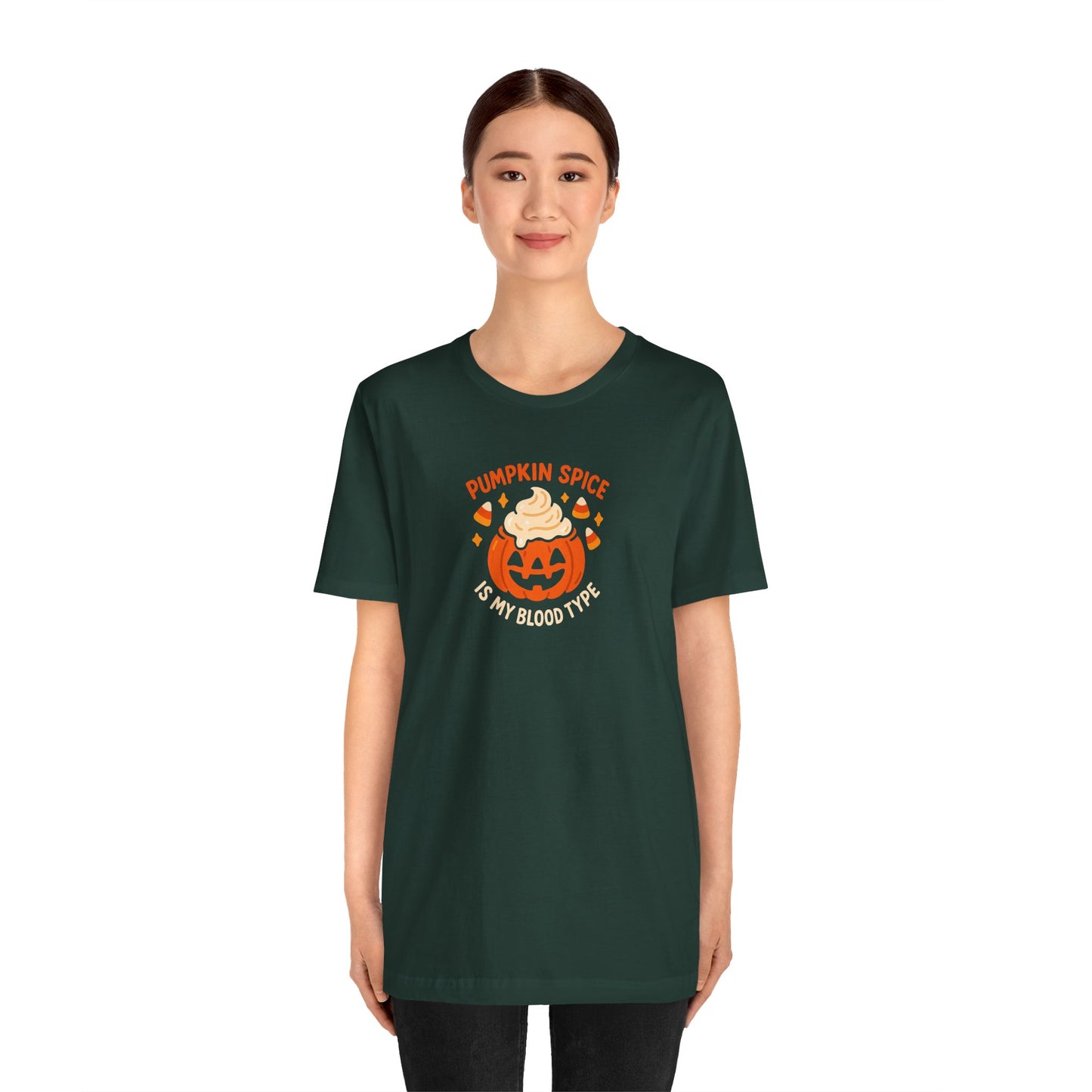 "Pumpkin Spice is My Blood Type" Short Sleeve Tee Fall Fashion, Halloween Shirt, Coffee Lover Gift, Autumn Wardrobe, Seasonal Tee
