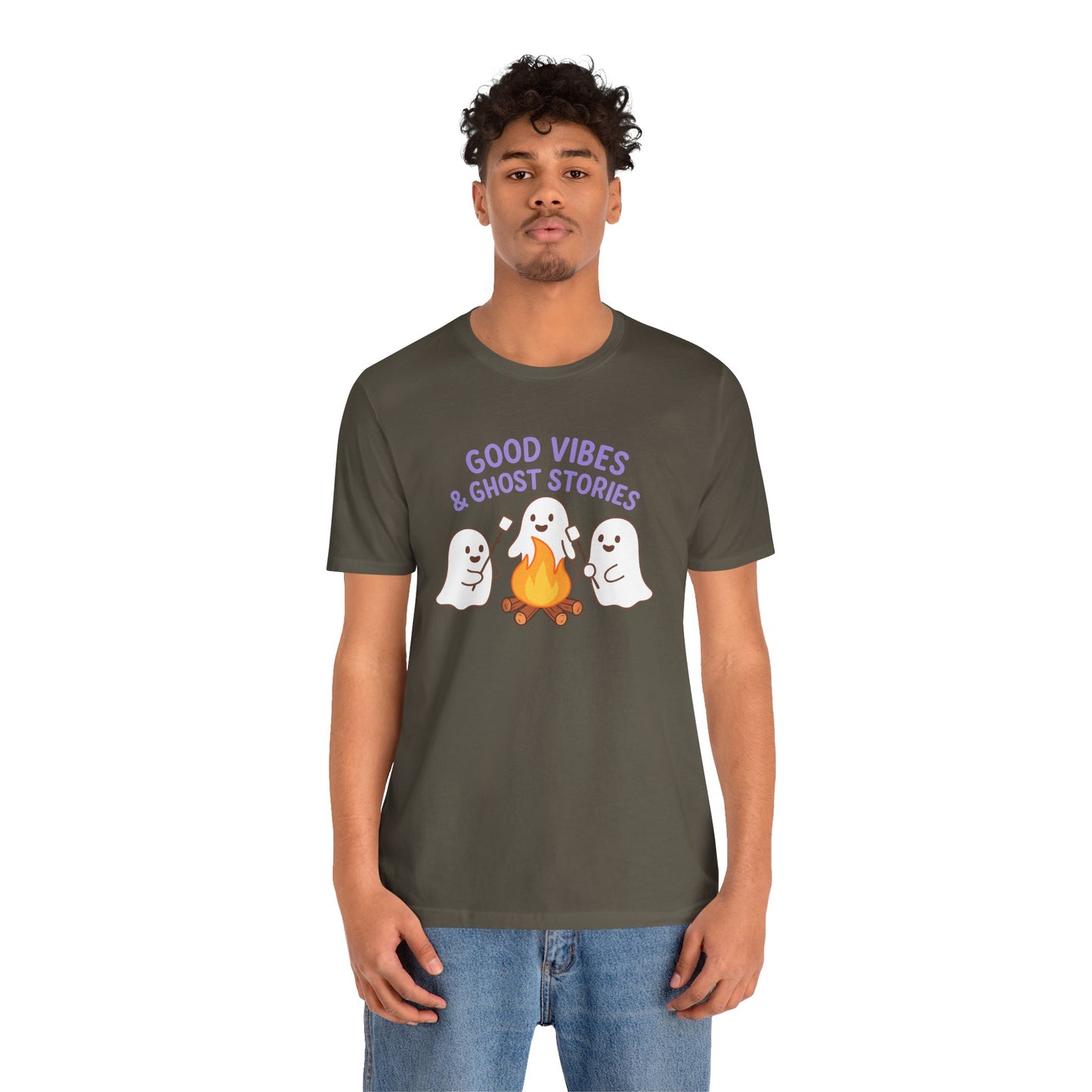 "Good Vibes & Ghost Stories" Unisex Jersey Short Sleeve Shirt for Halloween, Campfire Nights, Cozy Gatherings, Spirit Enthusiasts
