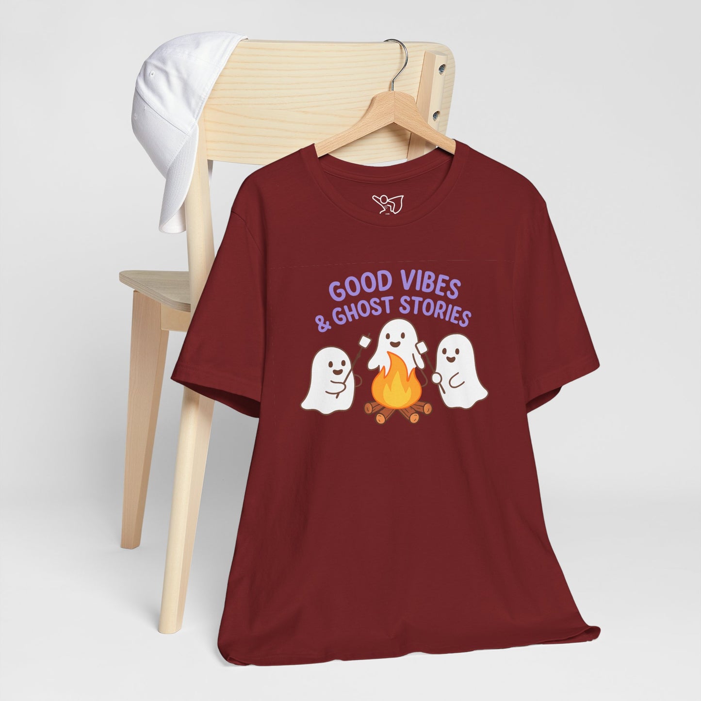 "Good Vibes & Ghost Stories" Unisex Jersey Short Sleeve Shirt for Halloween, Campfire Nights, Cozy Gatherings, Spirit Enthusiasts