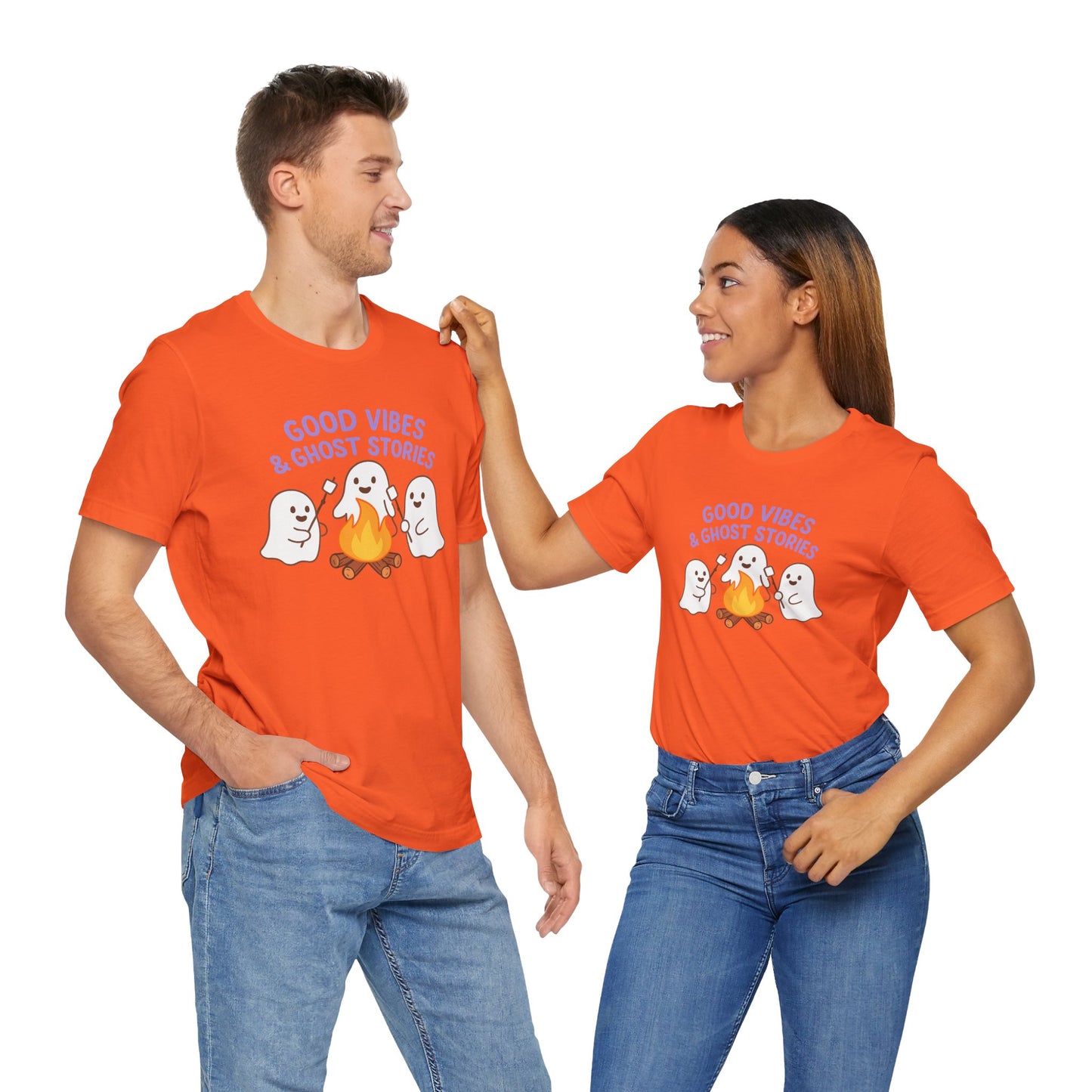 "Good Vibes & Ghost Stories" Unisex Jersey Short Sleeve Shirt for Halloween, Campfire Nights, Cozy Gatherings, Spirit Enthusiasts