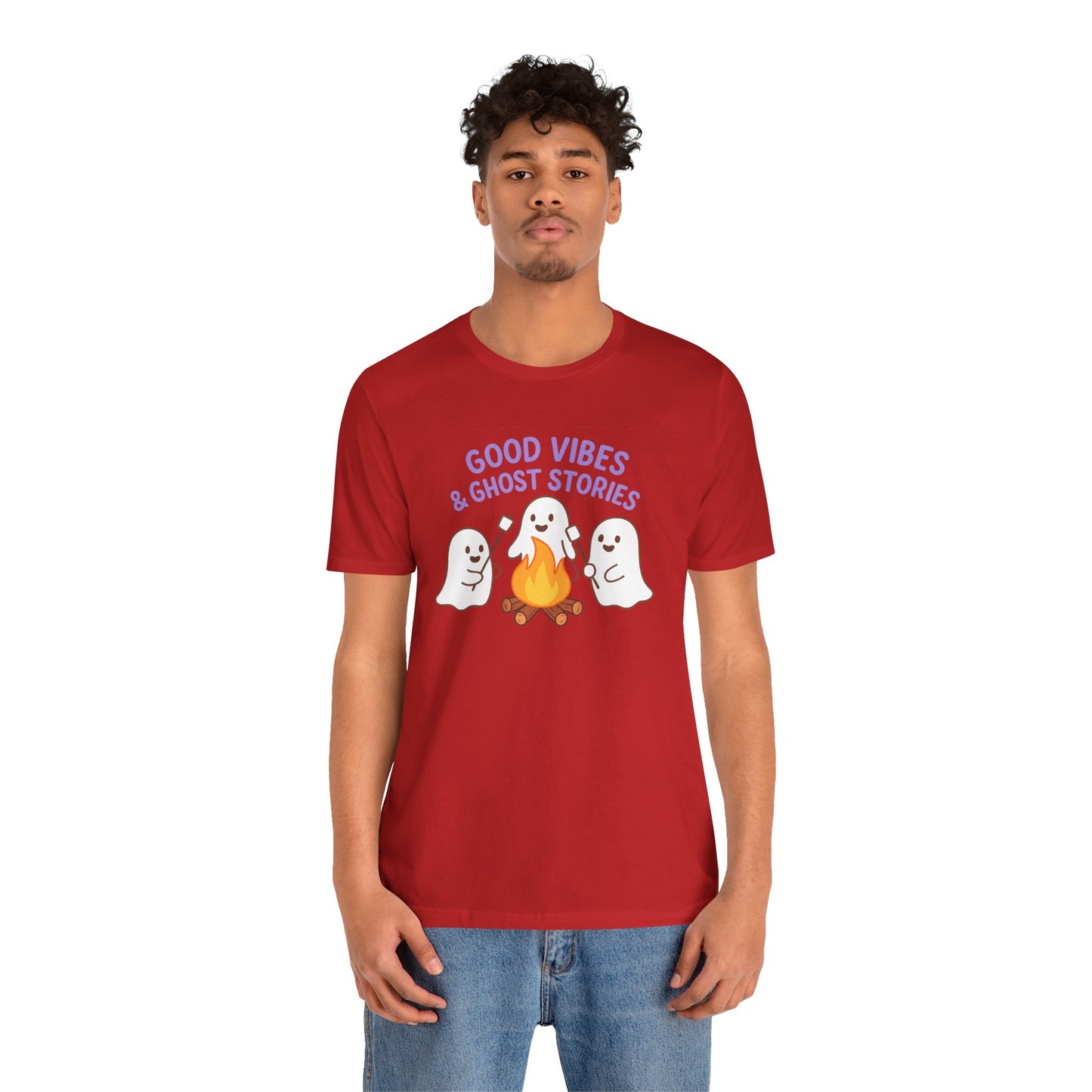"Good Vibes & Ghost Stories" Unisex Jersey Short Sleeve Shirt for Halloween, Campfire Nights, Cozy Gatherings, Spirit Enthusiasts