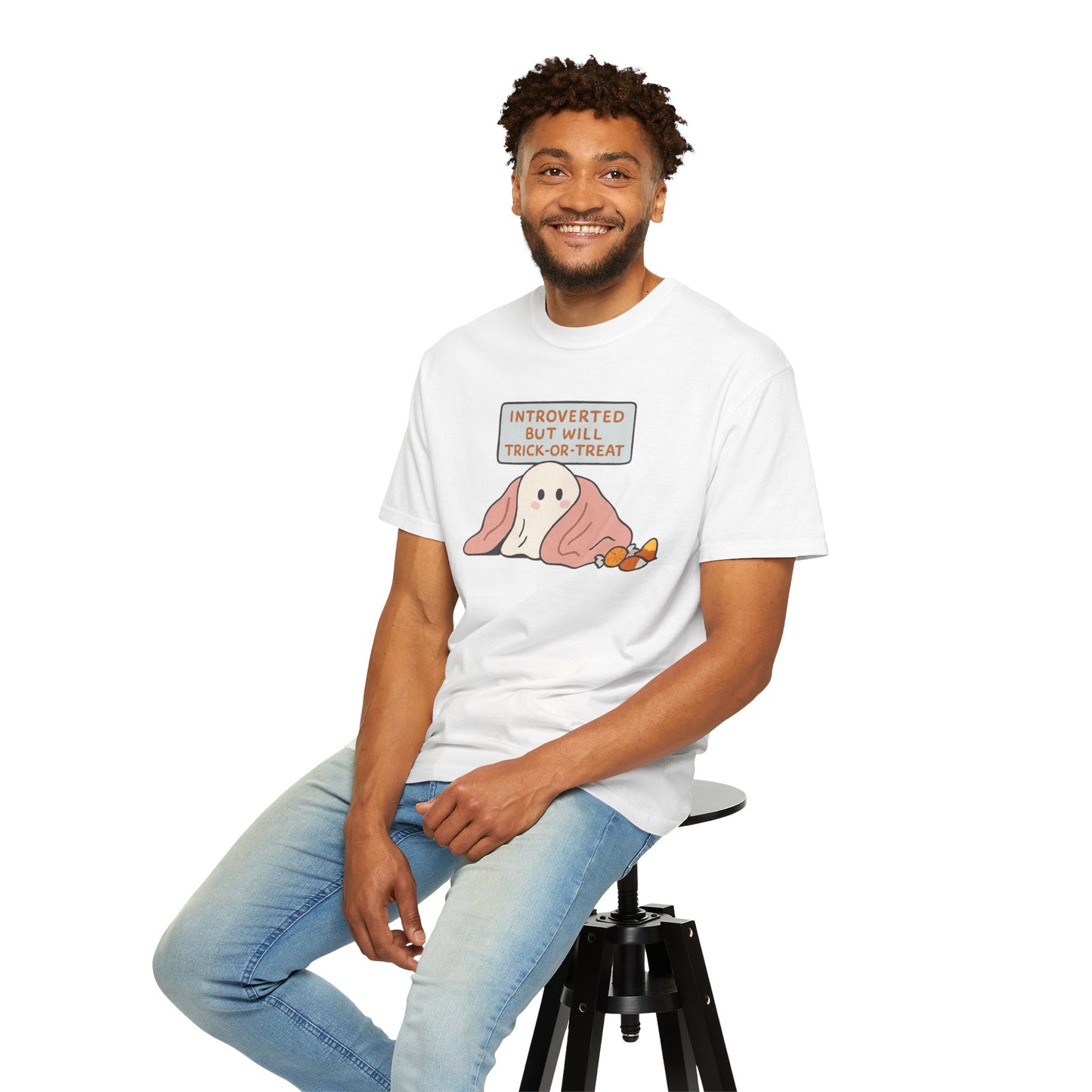 "Introverted But Will Trick or Treat" Unisex Halloween Tee, Funny Trick-or-Treat Shirt, Spooky Season Apparel, Gift for Introverts