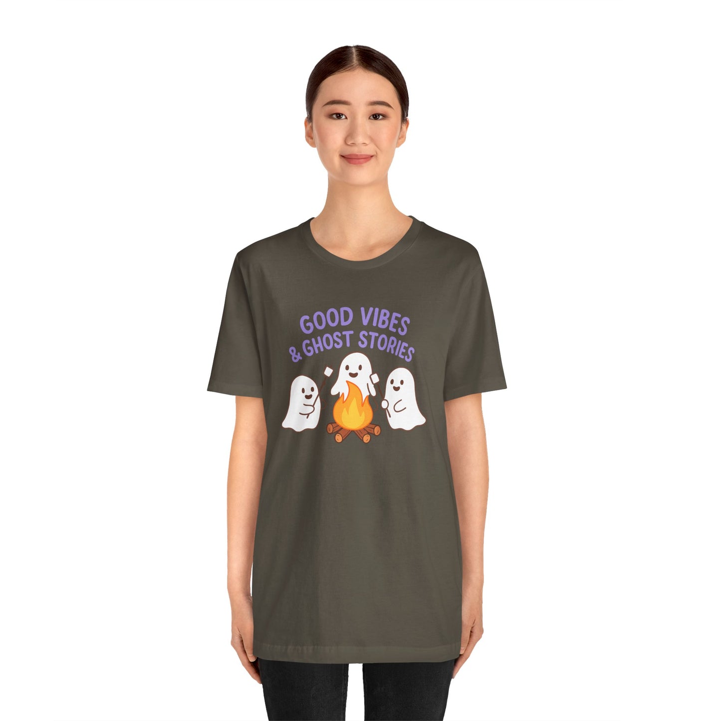 "Good Vibes & Ghost Stories" Unisex Jersey Short Sleeve Shirt for Halloween, Campfire Nights, Cozy Gatherings, Spirit Enthusiasts