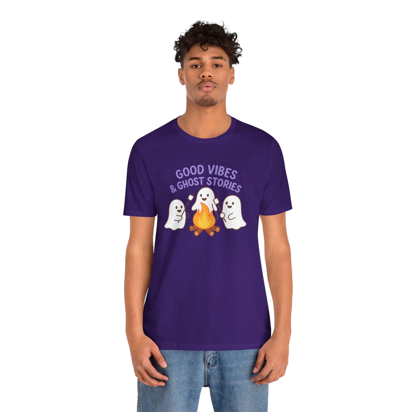"Good Vibes & Ghost Stories" Unisex Jersey Short Sleeve Shirt for Halloween, Campfire Nights, Cozy Gatherings, Spirit Enthusiasts