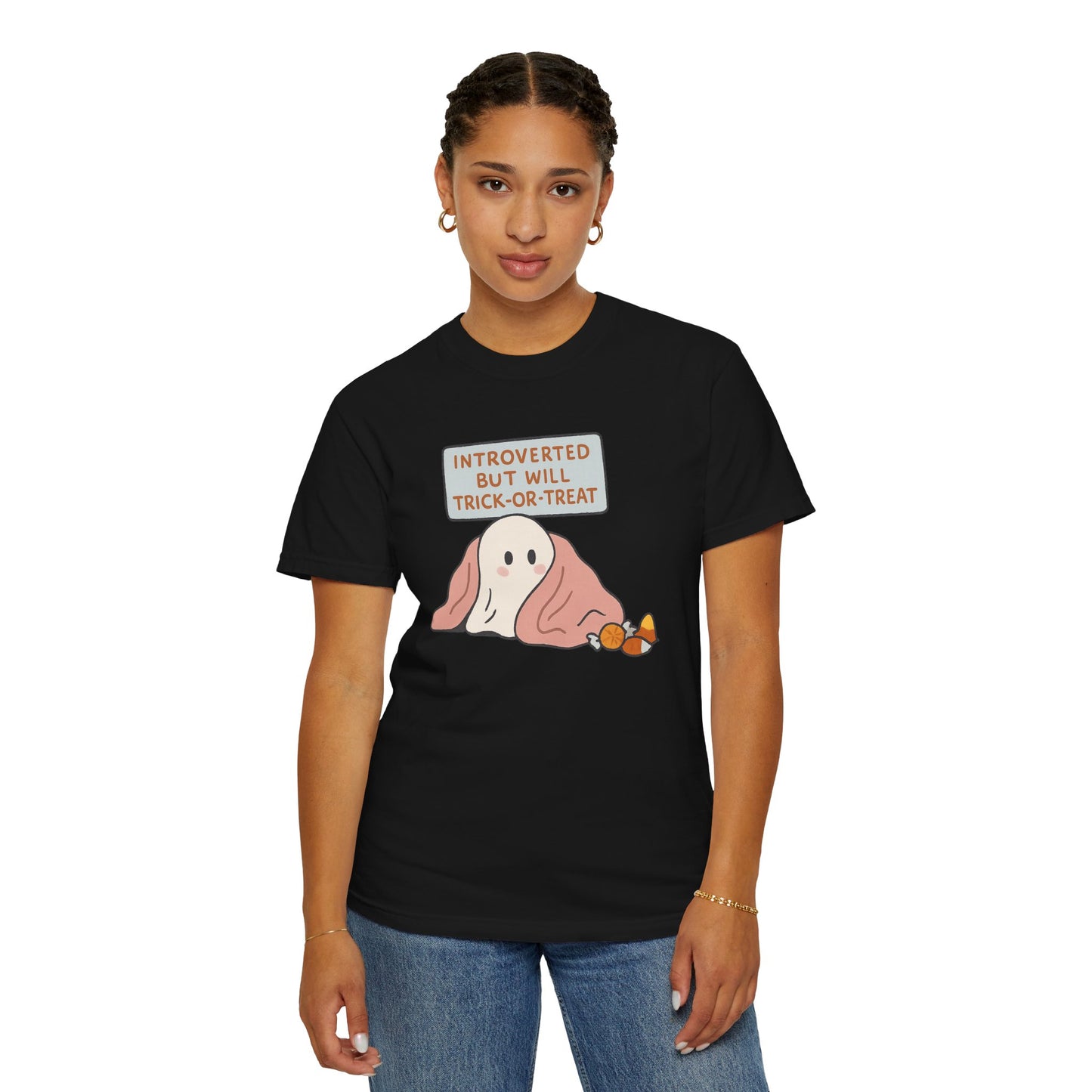 "Introverted But Will Trick or Treat" Unisex Halloween Tee, Funny Trick-or-Treat Shirt, Spooky Season Apparel, Gift for Introverts