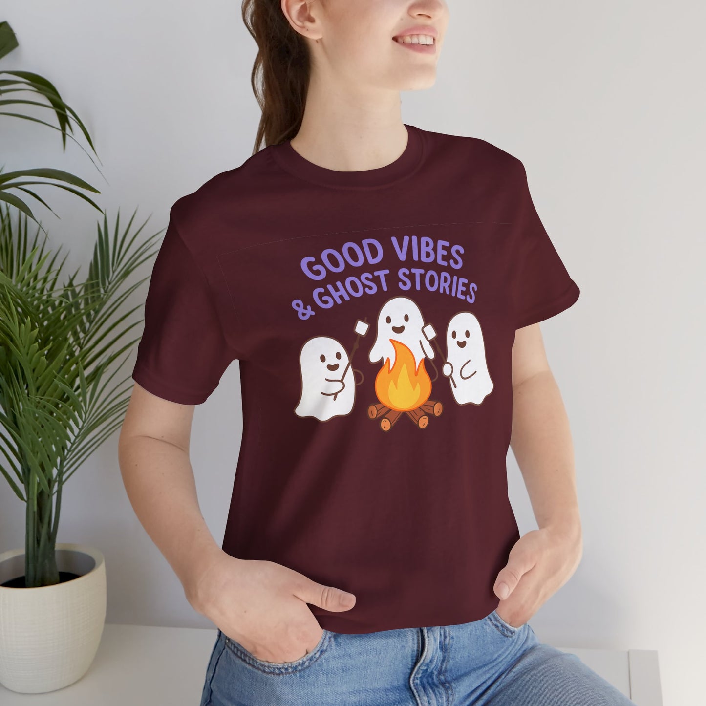 "Good Vibes & Ghost Stories" Unisex Jersey Short Sleeve Shirt for Halloween, Campfire Nights, Cozy Gatherings, Spirit Enthusiasts