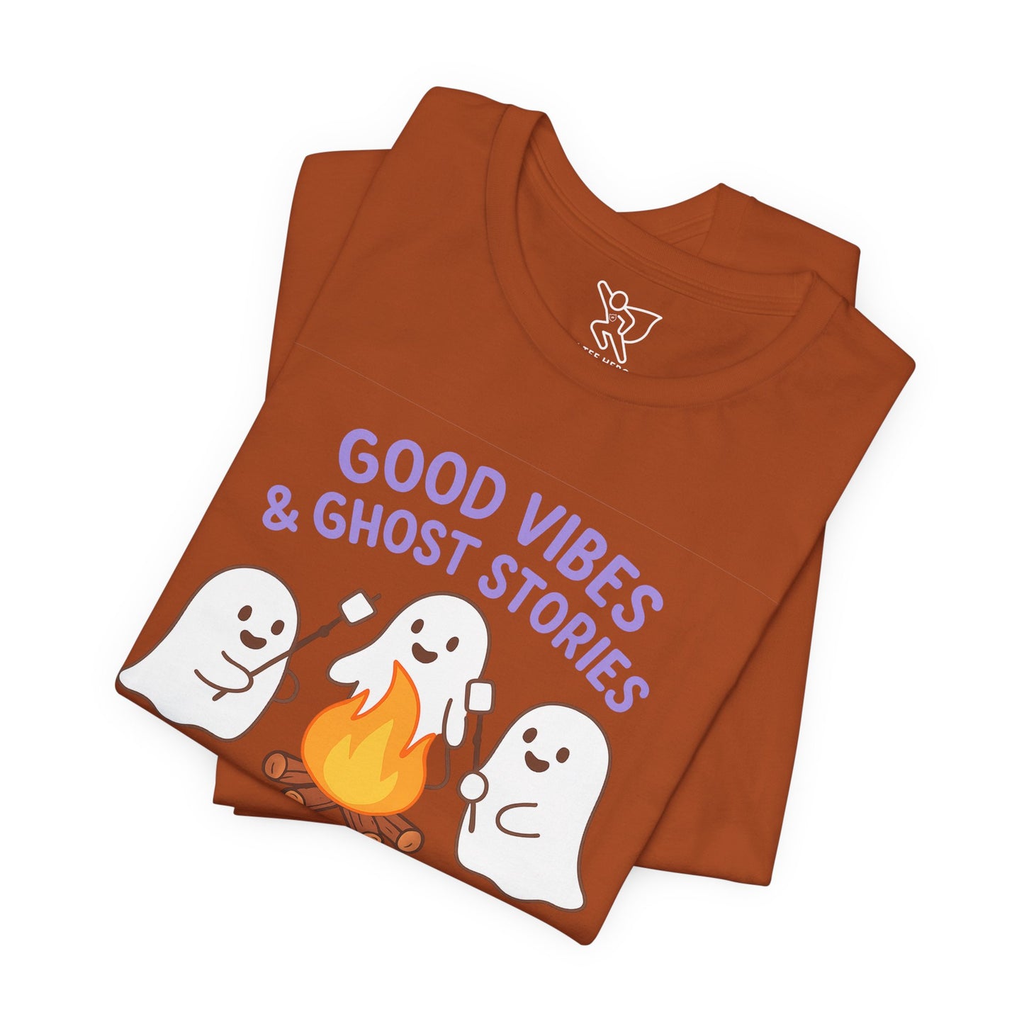 "Good Vibes & Ghost Stories" Unisex Jersey Short Sleeve Shirt for Halloween, Campfire Nights, Cozy Gatherings, Spirit Enthusiasts