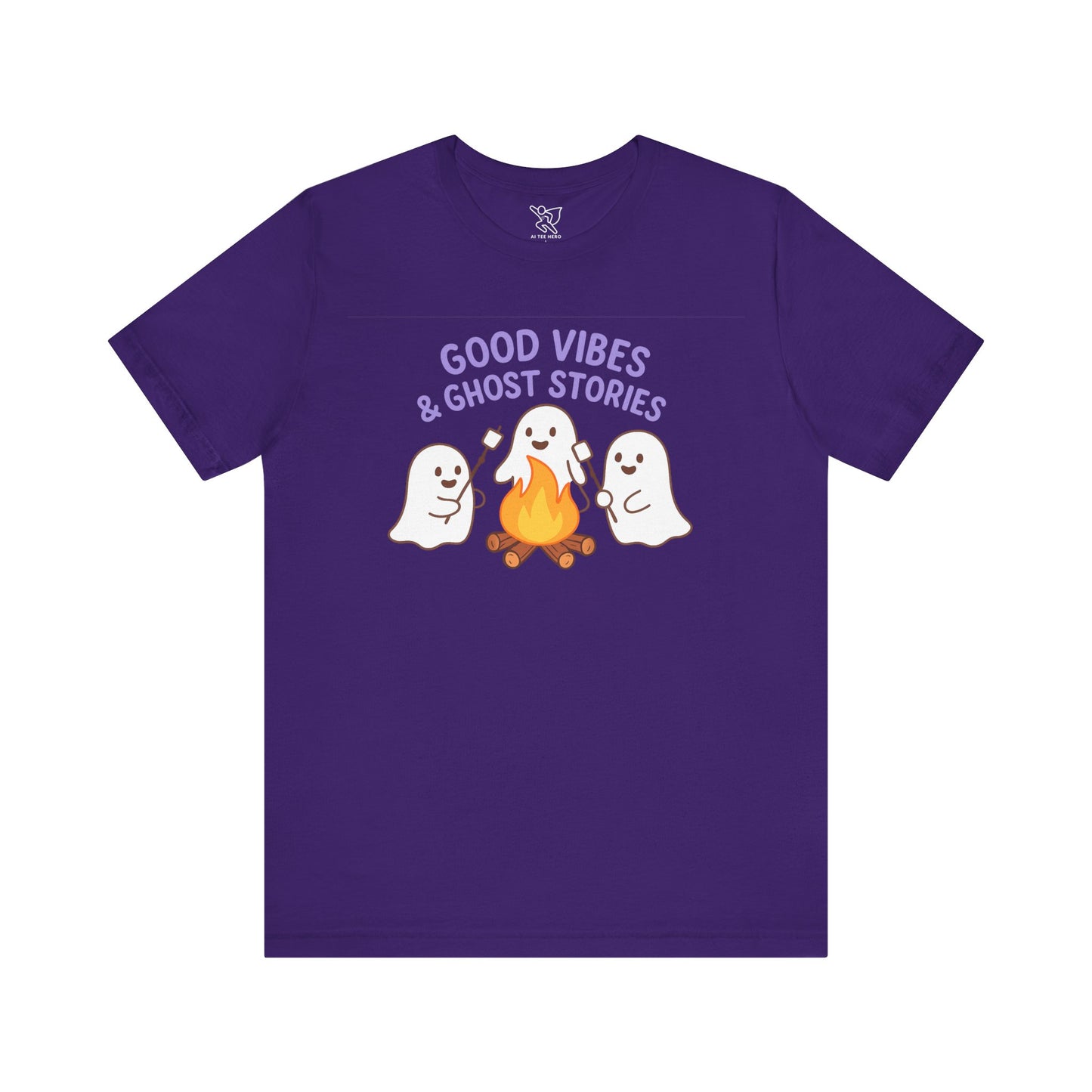 "Good Vibes & Ghost Stories" Unisex Jersey Short Sleeve Shirt for Halloween, Campfire Nights, Cozy Gatherings, Spirit Enthusiasts
