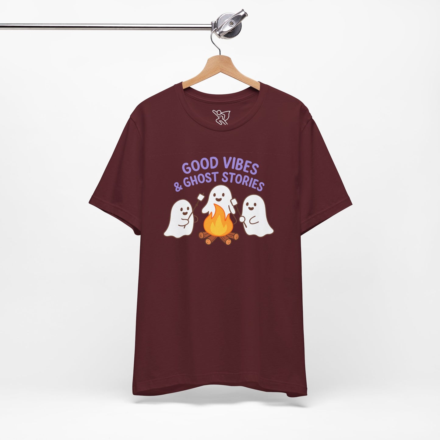 "Good Vibes & Ghost Stories" Unisex Jersey Short Sleeve Shirt for Halloween, Campfire Nights, Cozy Gatherings, Spirit Enthusiasts