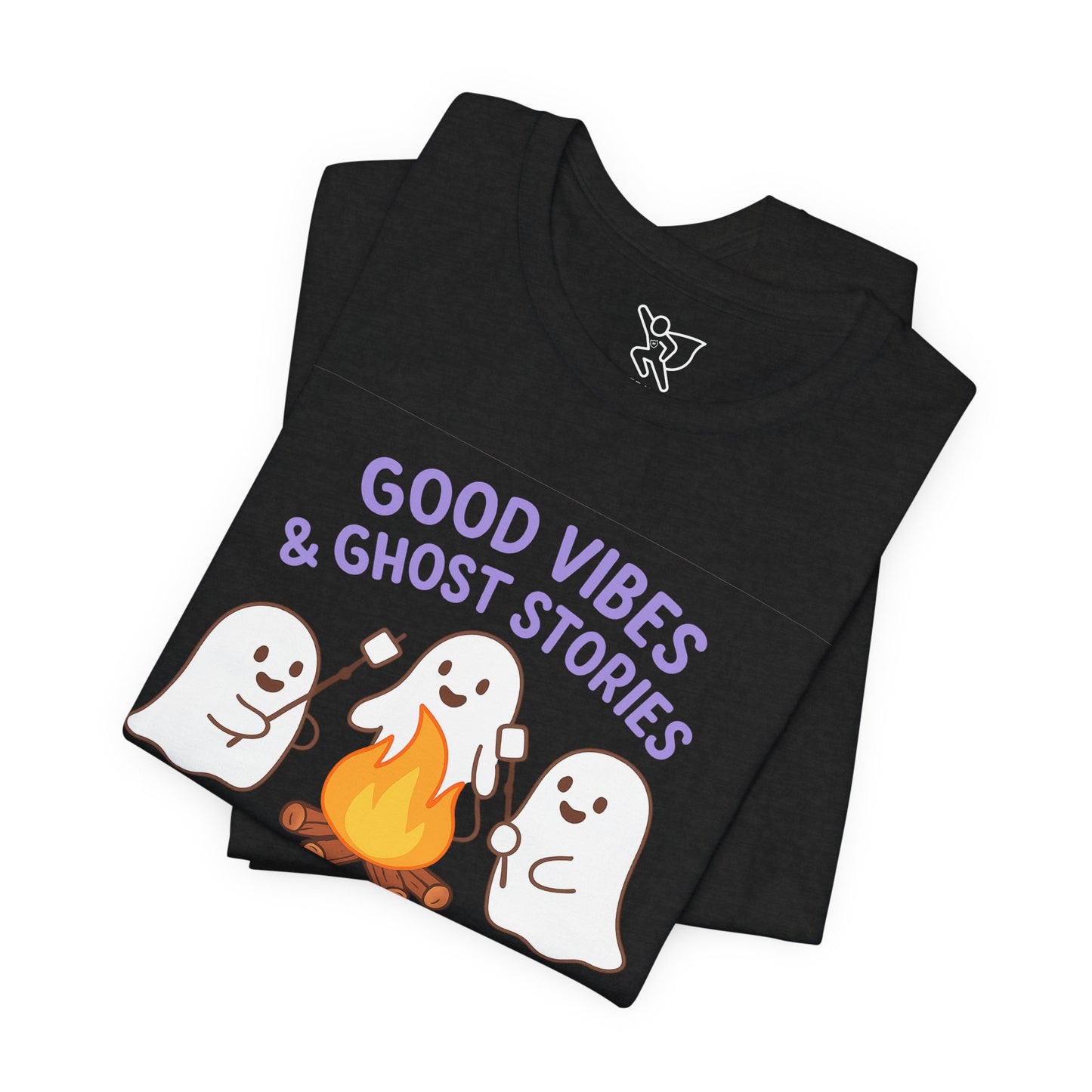"Good Vibes & Ghost Stories" Unisex Jersey Short Sleeve Shirt for Halloween, Campfire Nights, Cozy Gatherings, Spirit Enthusiasts