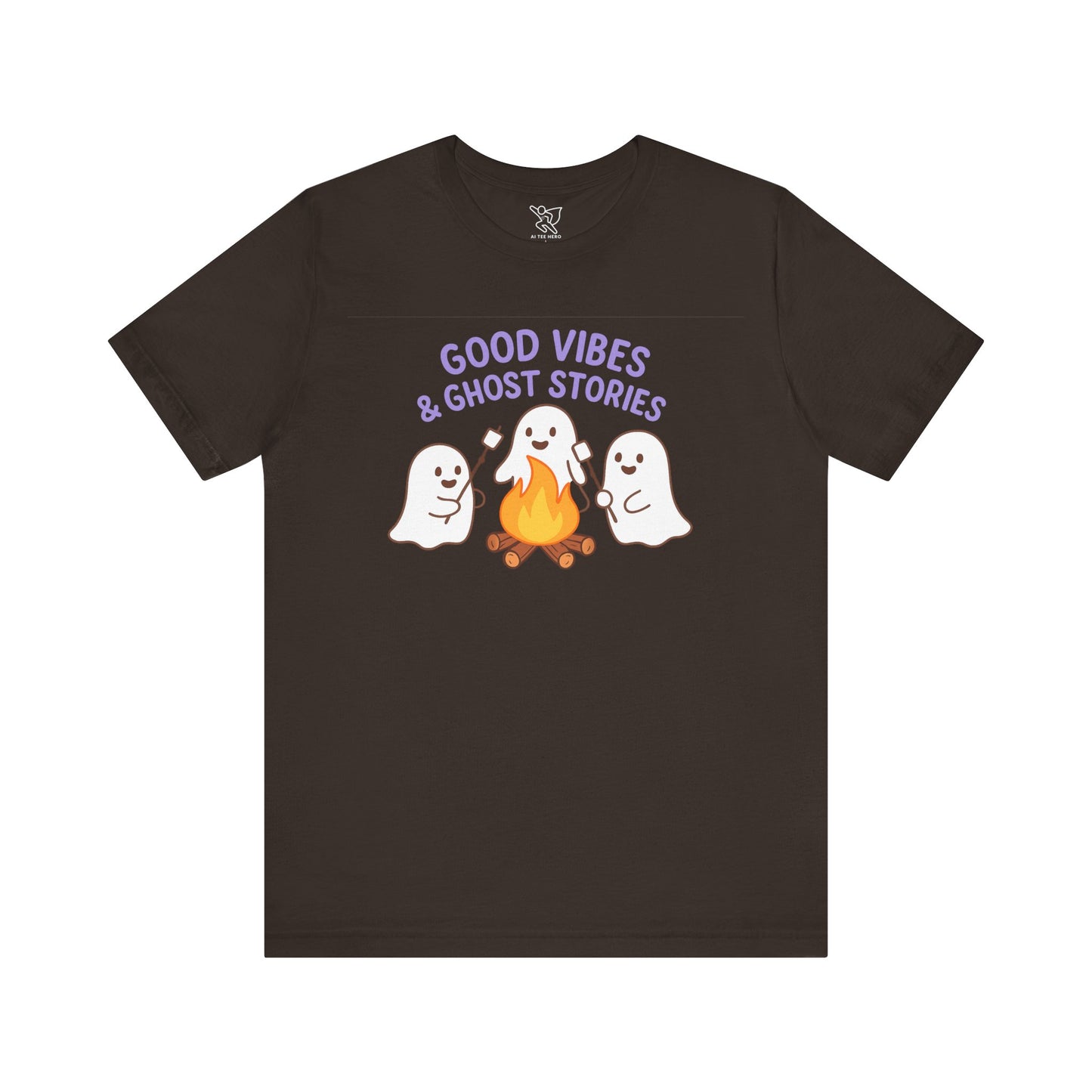 "Good Vibes & Ghost Stories" Unisex Jersey Short Sleeve Shirt for Halloween, Campfire Nights, Cozy Gatherings, Spirit Enthusiasts