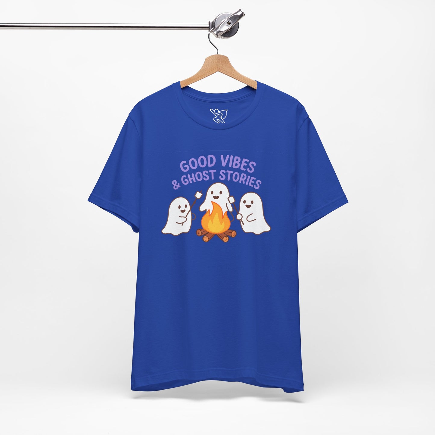 "Good Vibes & Ghost Stories" Unisex Jersey Short Sleeve Shirt for Halloween, Campfire Nights, Cozy Gatherings, Spirit Enthusiasts