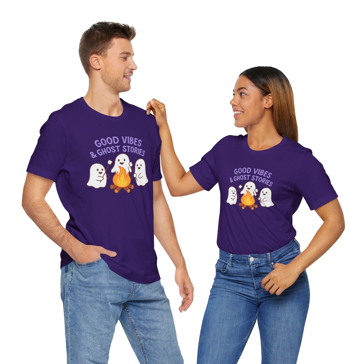 "Good Vibes & Ghost Stories" Unisex Jersey Short Sleeve Shirt for Halloween, Campfire Nights, Cozy Gatherings, Spirit Enthusiasts