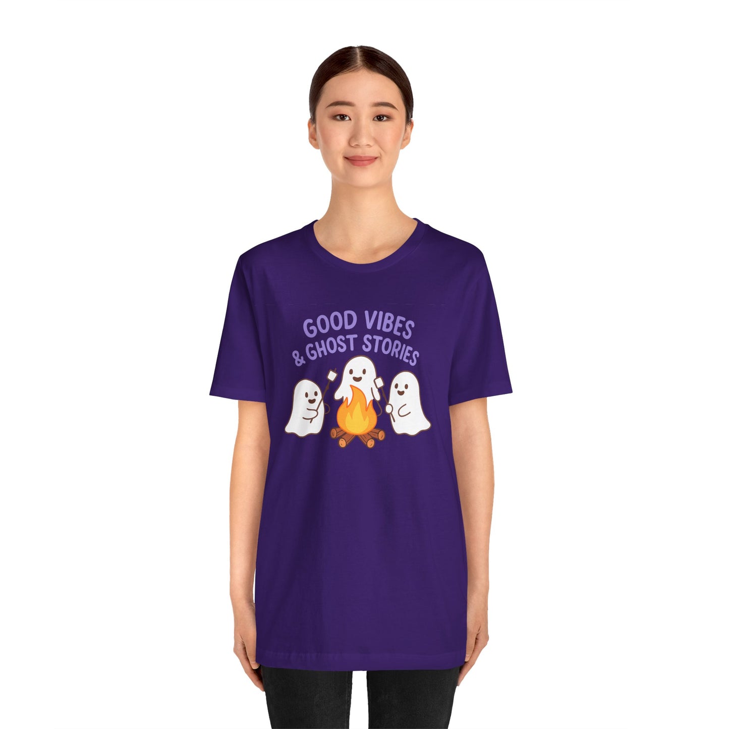 "Good Vibes & Ghost Stories" Unisex Jersey Short Sleeve Shirt for Halloween, Campfire Nights, Cozy Gatherings, Spirit Enthusiasts