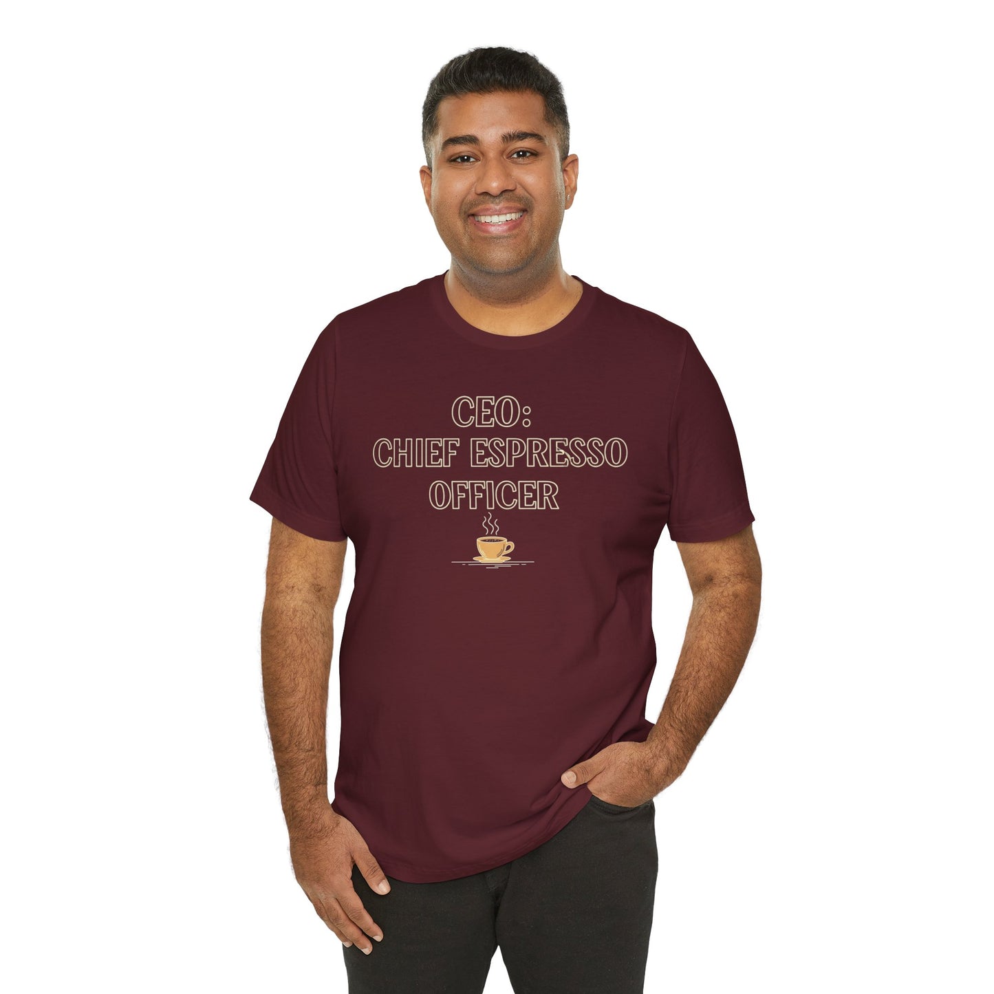 "CEO: Chief Espresso Officer" CW-1 Unisex Jersey T-Shirt for Baristas, Funny Coffee Shirt for Gifts, Perfect for Birthdays, Coffee Shop Outfits