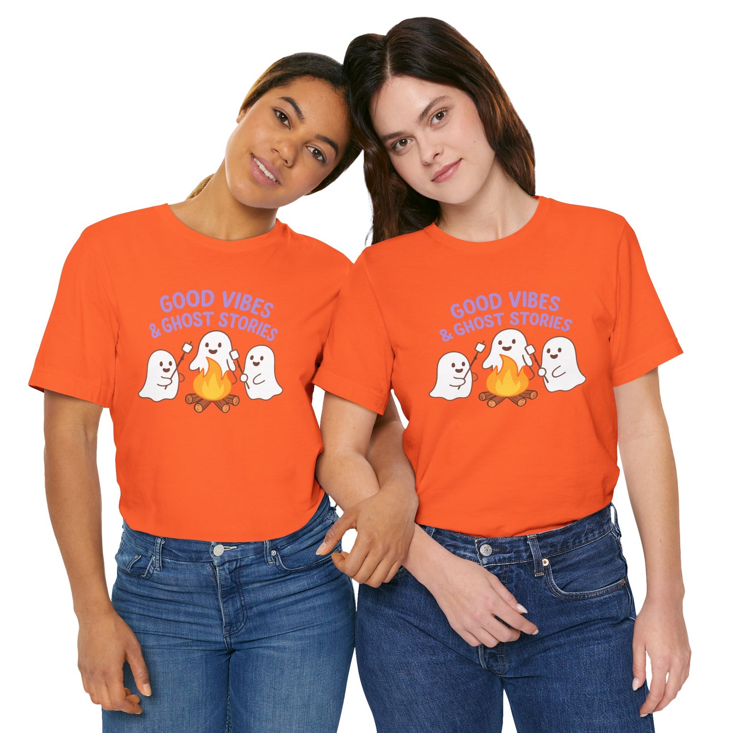 "Good Vibes & Ghost Stories" Unisex Jersey Short Sleeve Shirt for Halloween, Campfire Nights, Cozy Gatherings, Spirit Enthusiasts