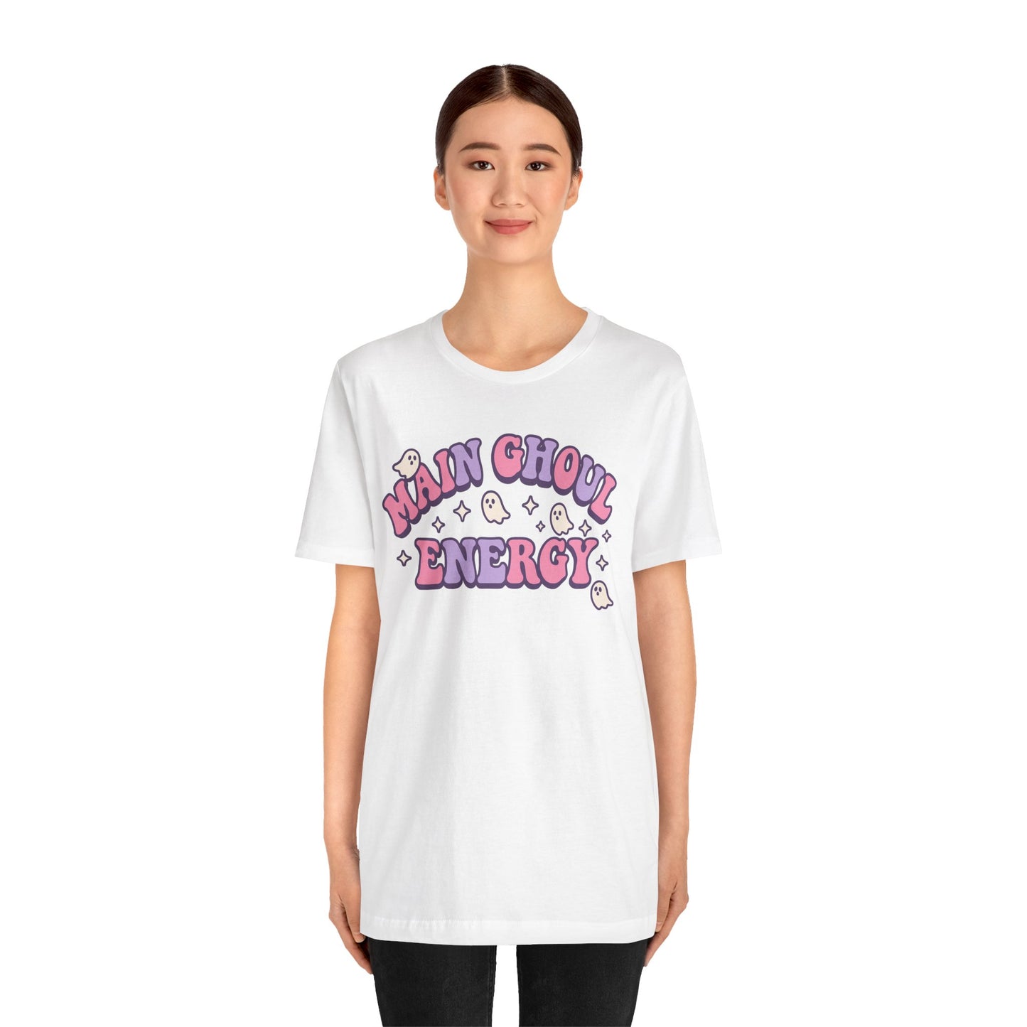 "Main Ghoul Energy" Unisex Short Sleeve T-Shirt, Halloween Party Shirt, Cute Graphic Tee, Gift for Ghost Lovers, Trendy Casual Wear