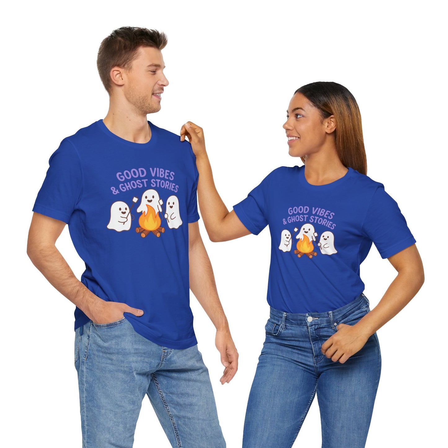 "Good Vibes & Ghost Stories" Unisex Jersey Short Sleeve Shirt for Halloween, Campfire Nights, Cozy Gatherings, Spirit Enthusiasts
