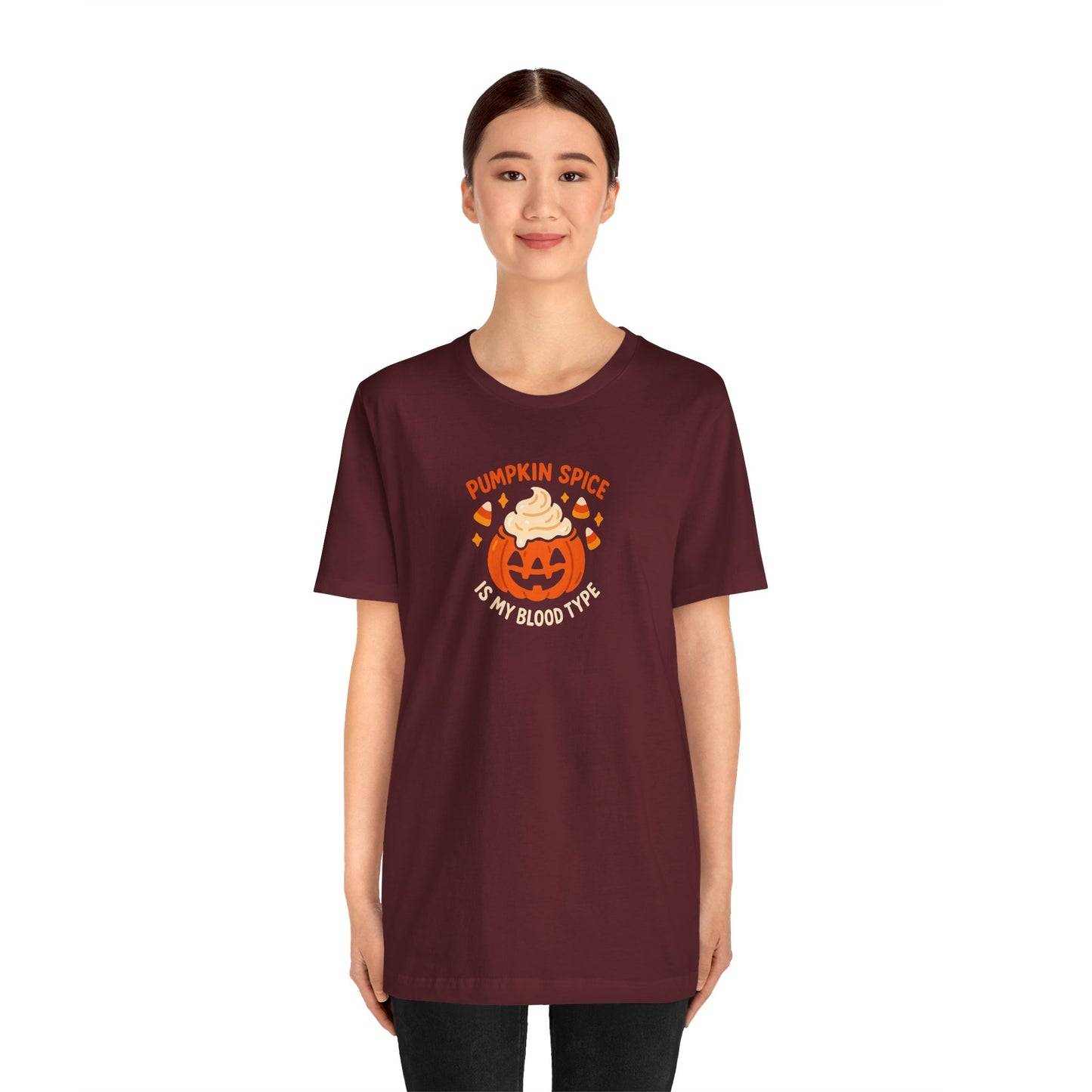 "Pumpkin Spice is My Blood Type" Short Sleeve Tee Fall Fashion, Halloween Shirt, Coffee Lover Gift, Autumn Wardrobe, Seasonal Tee