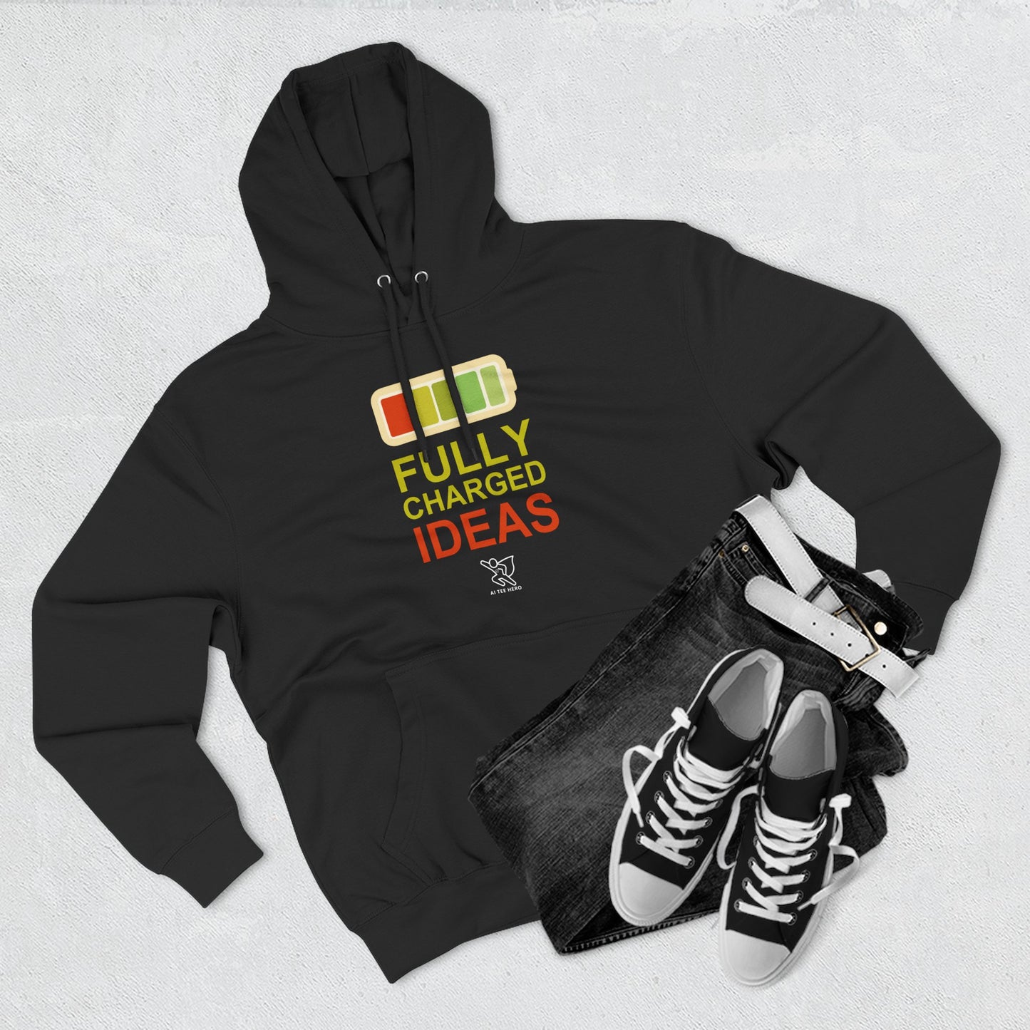 "Fully Charged Ideas" Motivational Fleece Sweatshirt, Cozy Gift for Creatives, Perfect for Inspiration, Fun Wear for All Occasions