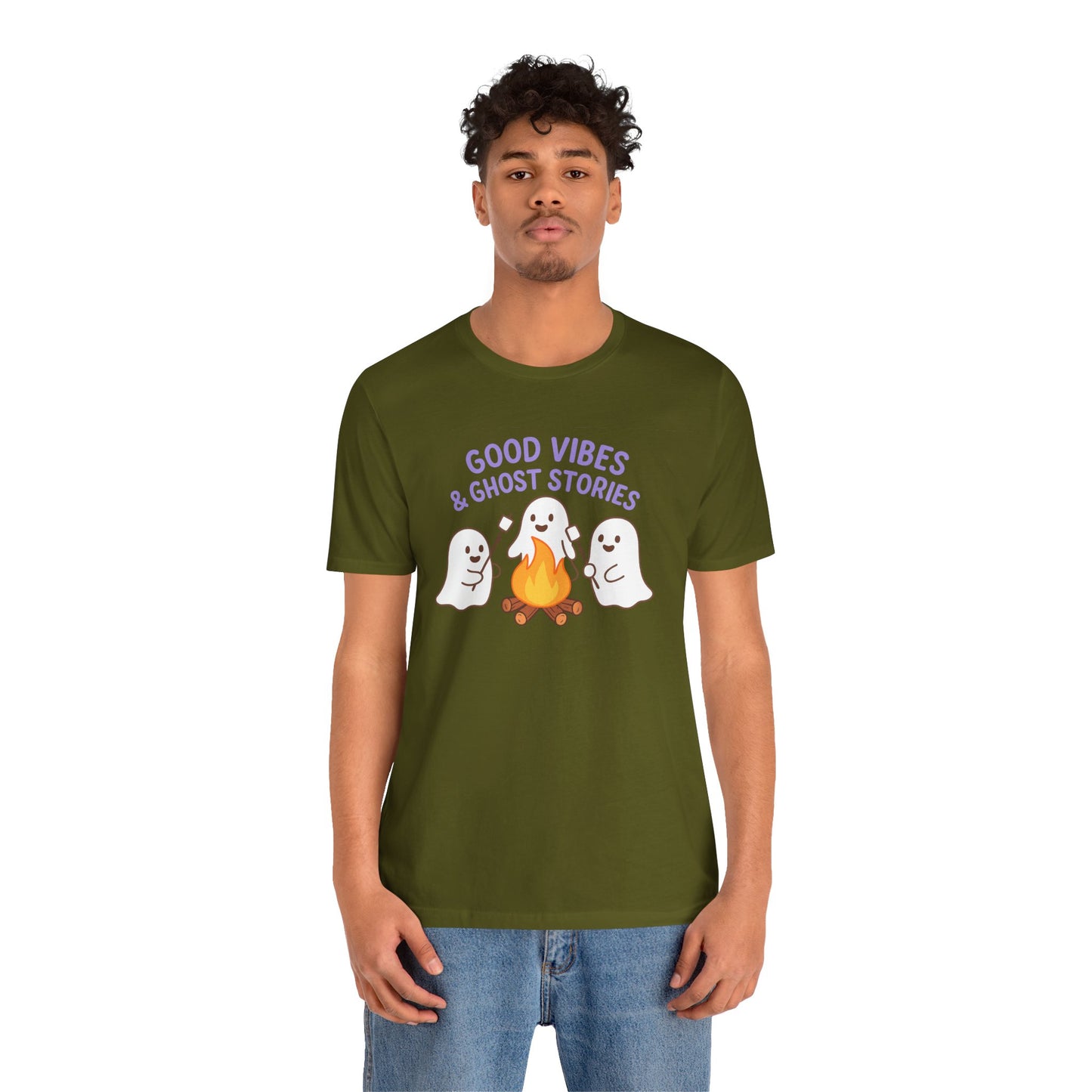 "Good Vibes & Ghost Stories" Unisex Jersey Short Sleeve Shirt for Halloween, Campfire Nights, Cozy Gatherings, Spirit Enthusiasts