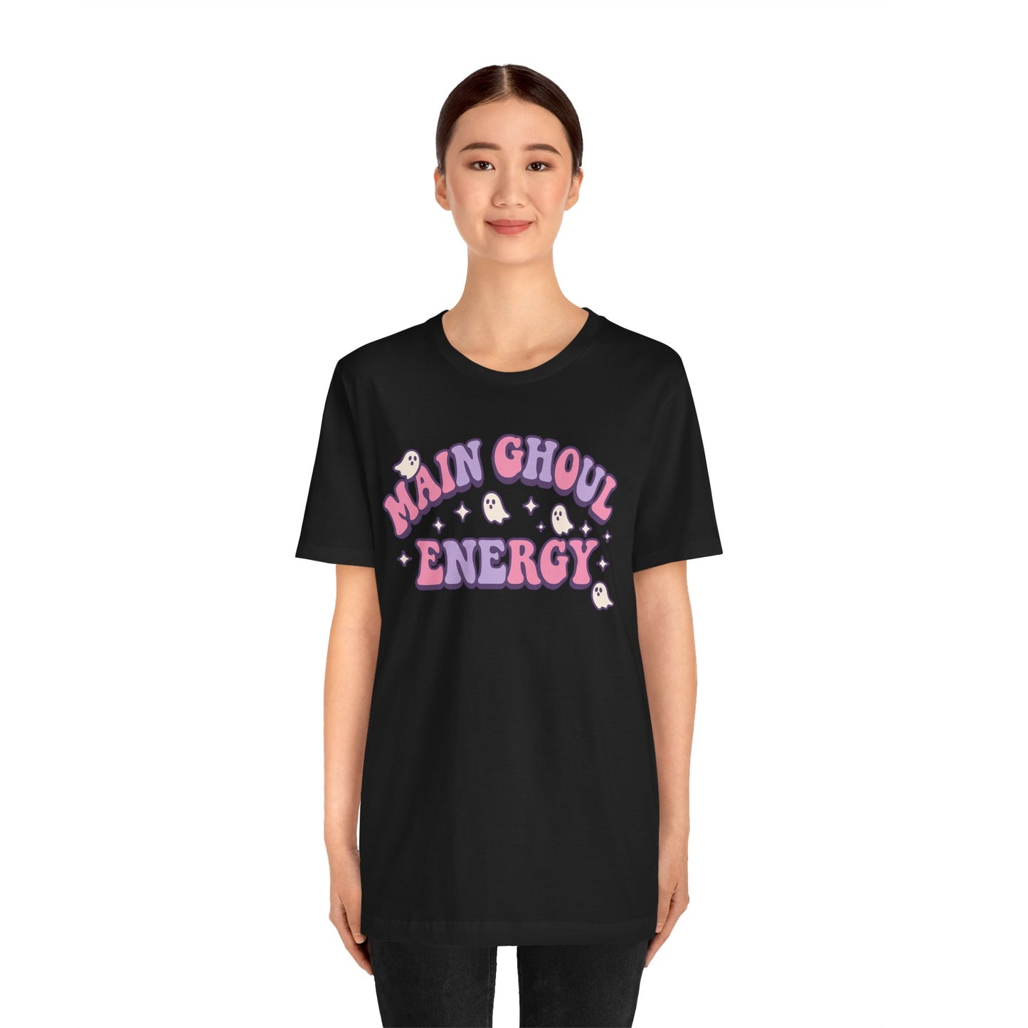 "Main Ghoul Energy" Unisex Short Sleeve T-Shirt, Halloween Party Shirt, Cute Graphic Tee, Gift for Ghost Lovers, Trendy Casual Wear