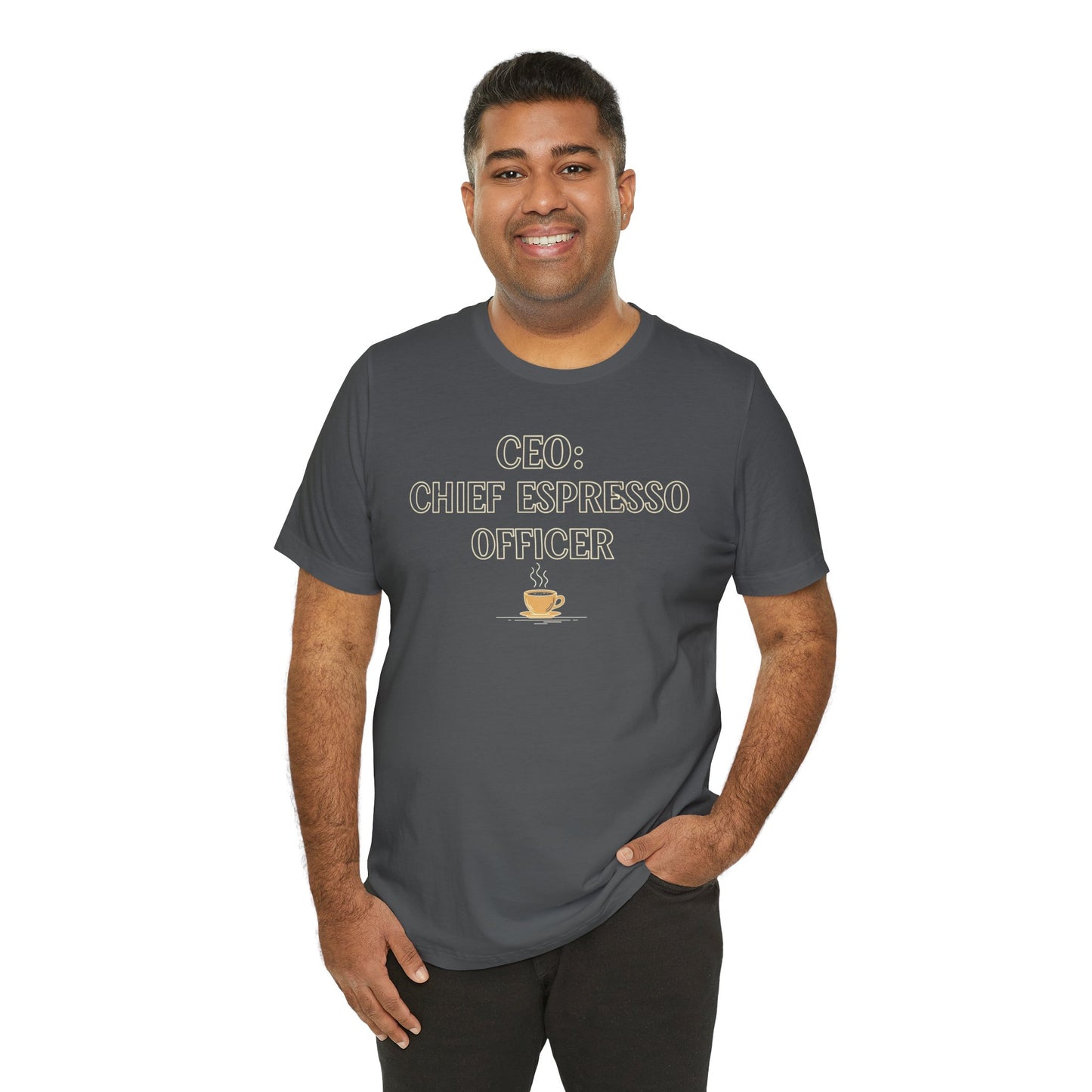 "CEO: Chief Espresso Officer" CW-1 Unisex Jersey T-Shirt for Baristas, Funny Coffee Shirt for Gifts, Perfect for Birthdays, Coffee Shop Outfits