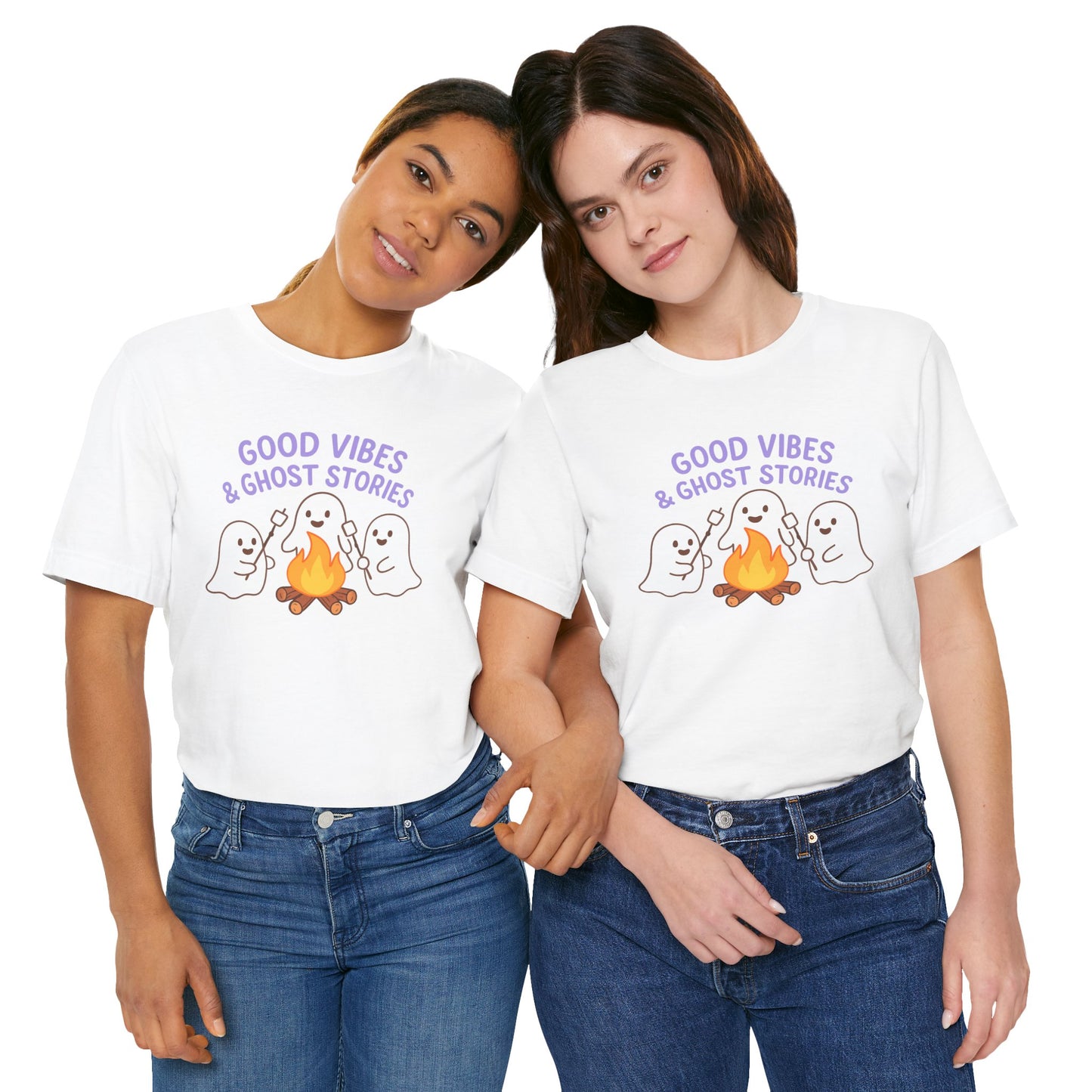 "Good Vibes & Ghost Stories" Unisex Jersey Short Sleeve Shirt for Halloween, Campfire Nights, Cozy Gatherings, Spirit Enthusiasts