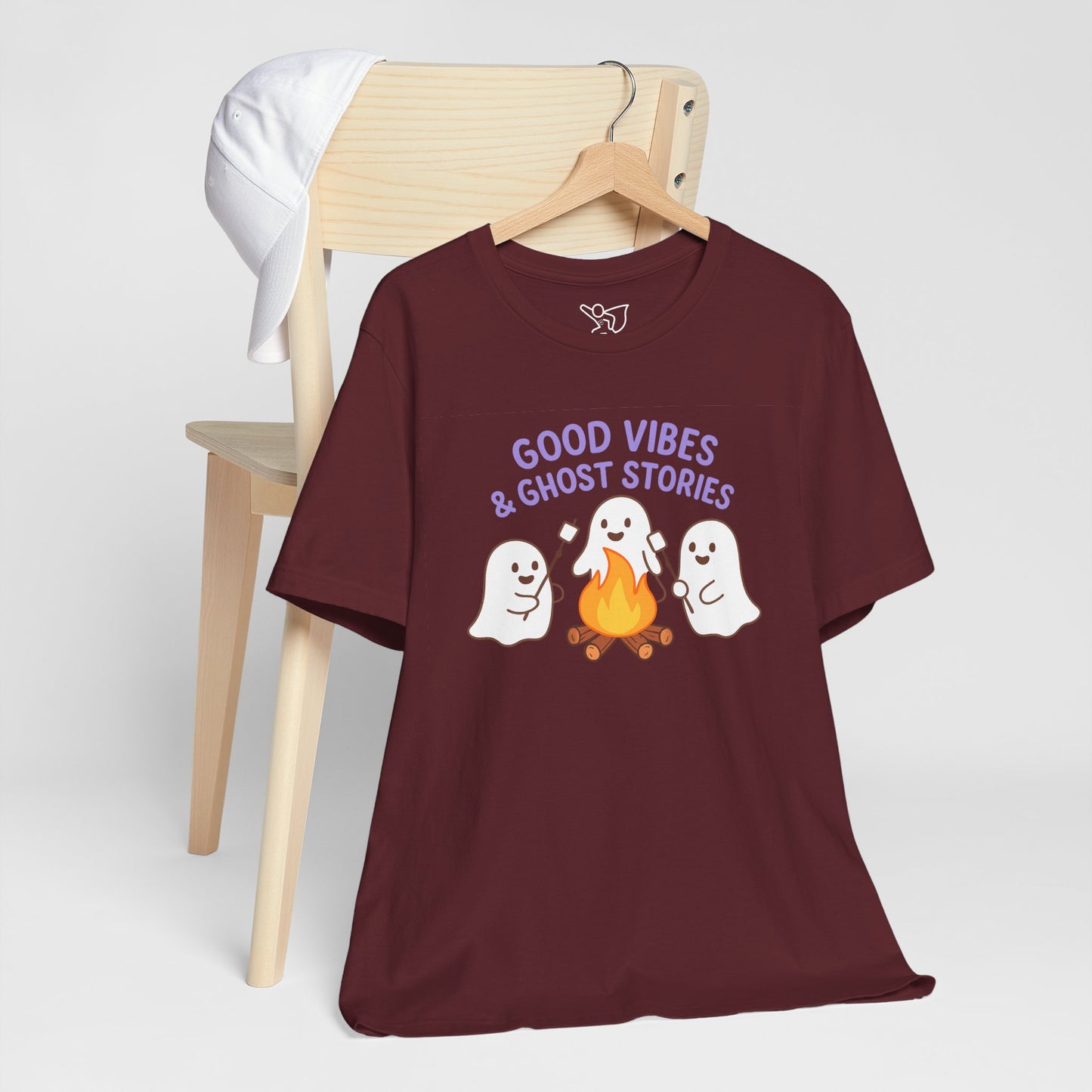 "Good Vibes & Ghost Stories" Unisex Jersey Short Sleeve Shirt for Halloween, Campfire Nights, Cozy Gatherings, Spirit Enthusiasts
