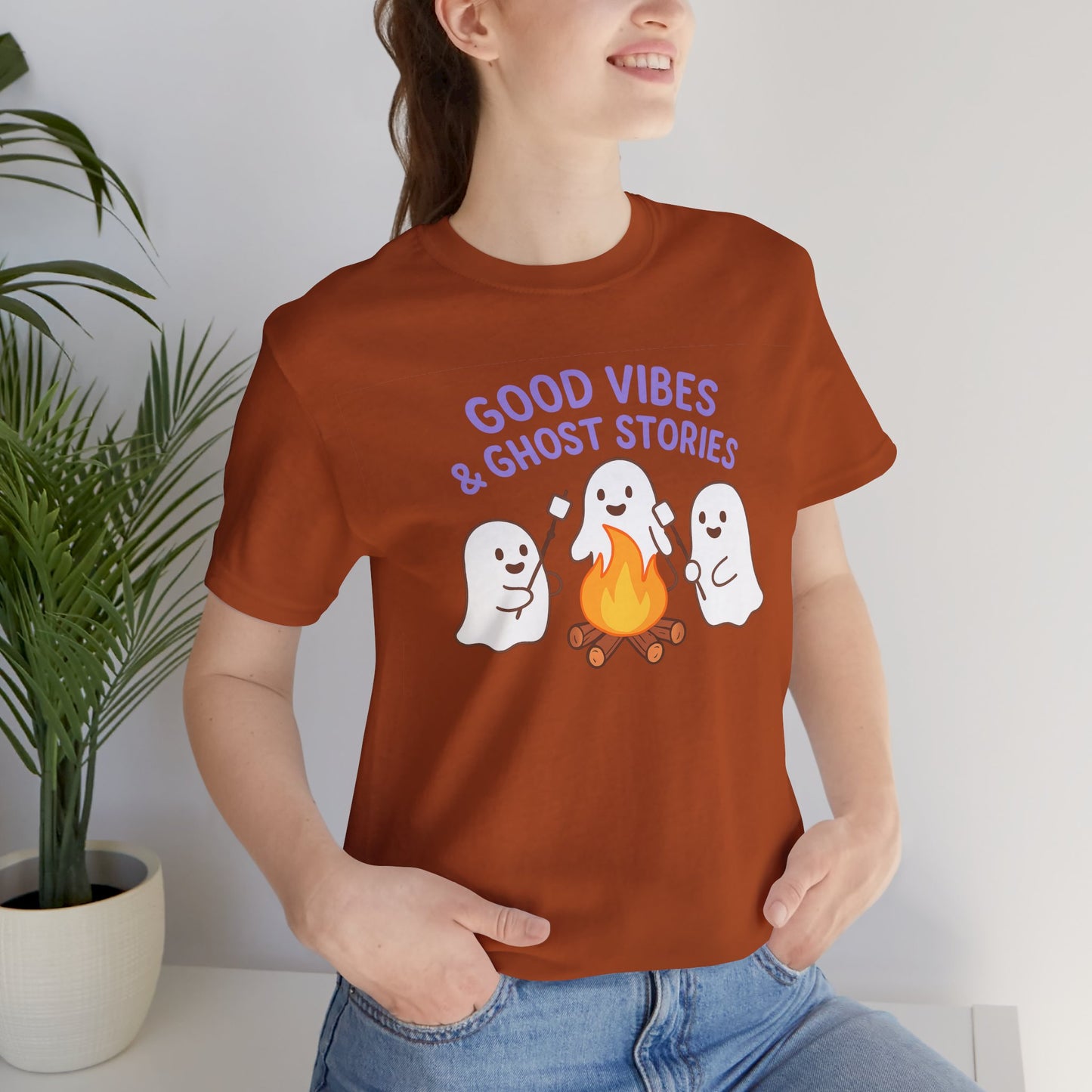 "Good Vibes & Ghost Stories" Unisex Jersey Short Sleeve Shirt for Halloween, Campfire Nights, Cozy Gatherings, Spirit Enthusiasts