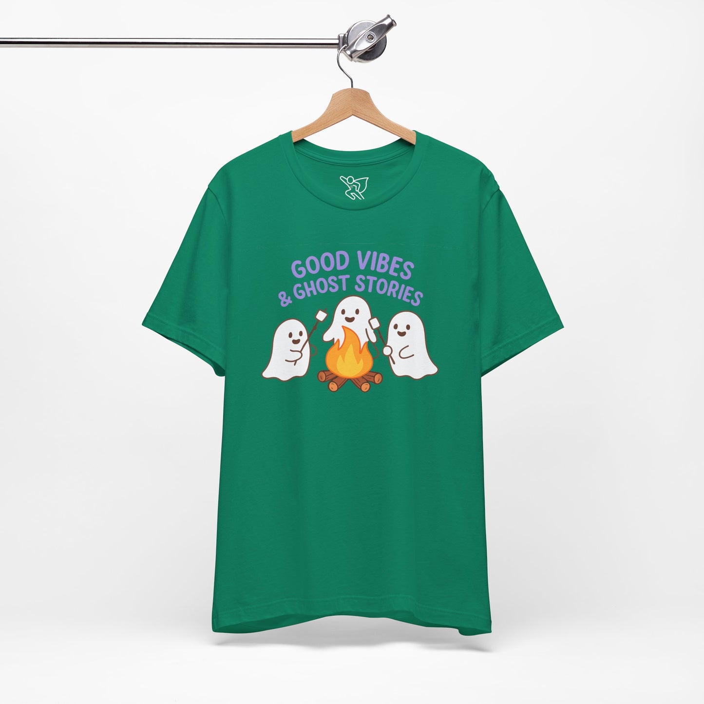 "Good Vibes & Ghost Stories" Unisex Jersey Short Sleeve Shirt for Halloween, Campfire Nights, Cozy Gatherings, Spirit Enthusiasts