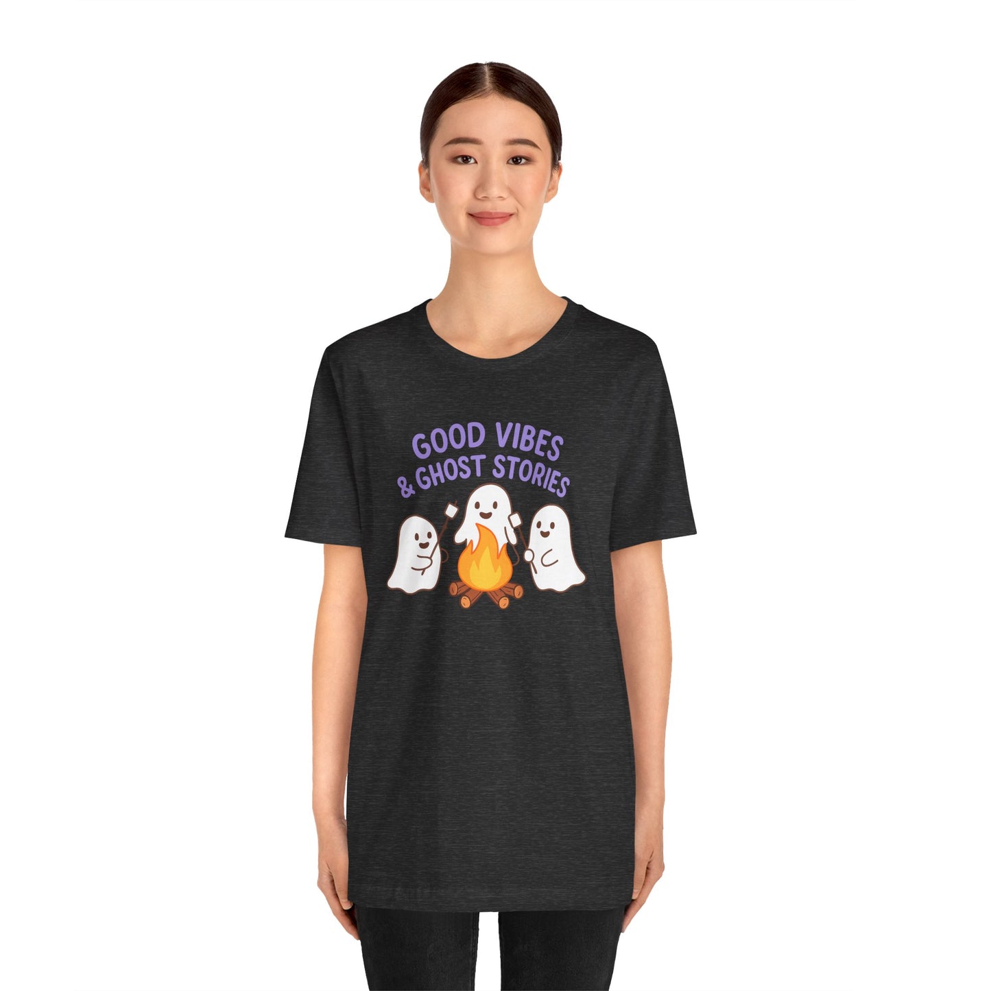 "Good Vibes & Ghost Stories" Unisex Jersey Short Sleeve Shirt for Halloween, Campfire Nights, Cozy Gatherings, Spirit Enthusiasts