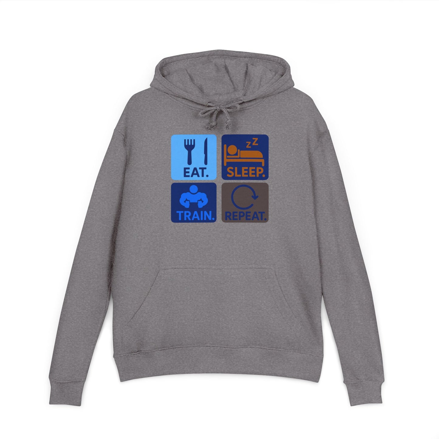 "EAT.SLEEP.TRAIN.REPEAT." Statement Hoodie for Fitness Lovers, Cozy Workout Gear, Athletic Hoodie, Motivational Hoodie, Gym Apparel