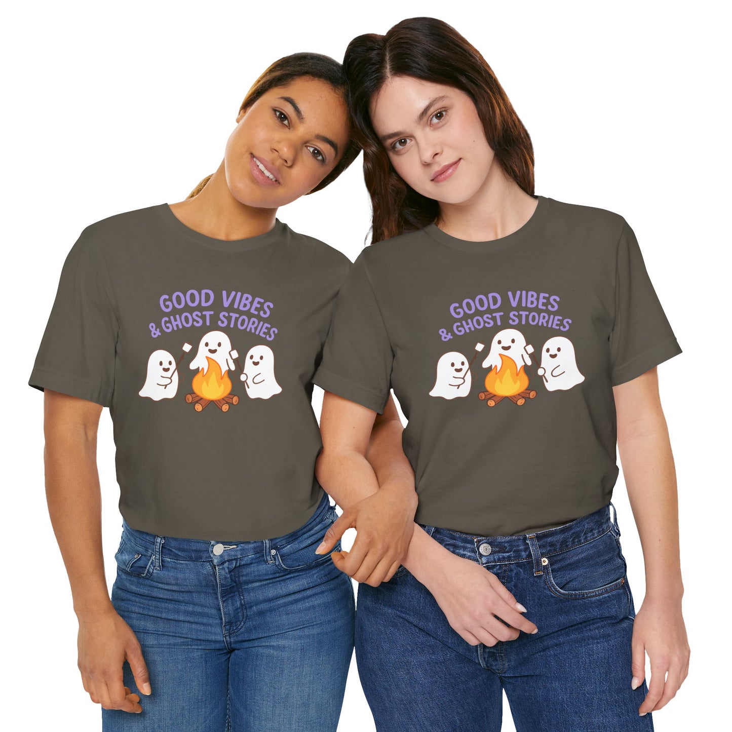 "Good Vibes & Ghost Stories" Unisex Jersey Short Sleeve Shirt for Halloween, Campfire Nights, Cozy Gatherings, Spirit Enthusiasts