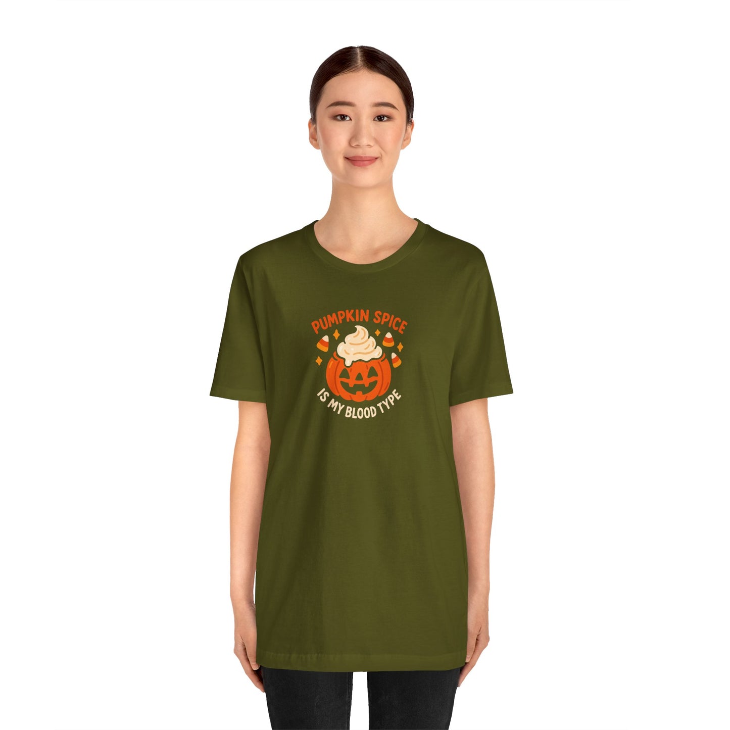 "Pumpkin Spice is My Blood Type" Short Sleeve Tee Fall Fashion, Halloween Shirt, Coffee Lover Gift, Autumn Wardrobe, Seasonal Tee
