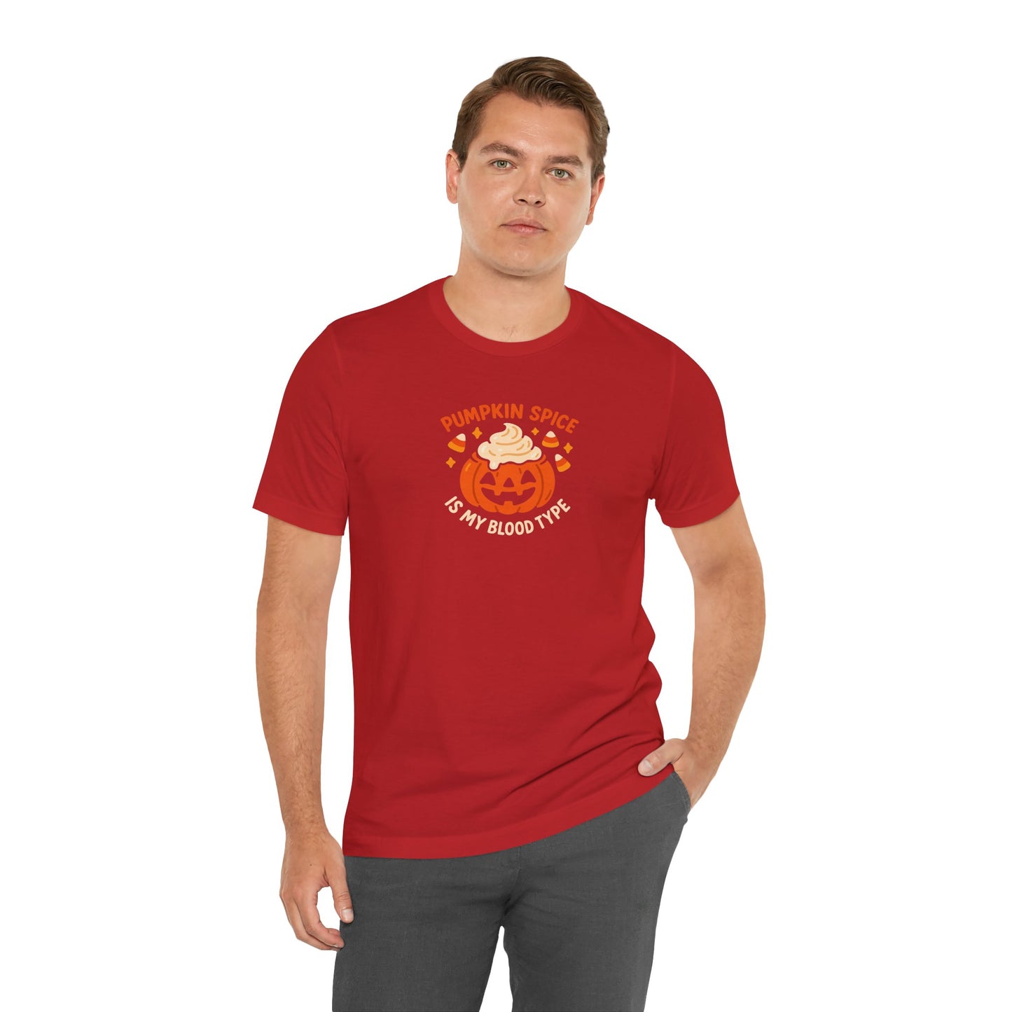 "Pumpkin Spice is My Blood Type" Short Sleeve Tee Fall Fashion, Halloween Shirt, Coffee Lover Gift, Autumn Wardrobe, Seasonal Tee