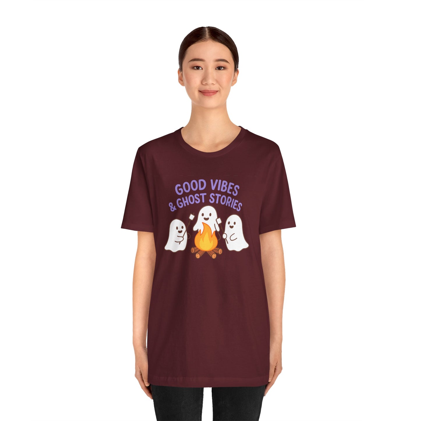 "Good Vibes & Ghost Stories" Unisex Jersey Short Sleeve Shirt for Halloween, Campfire Nights, Cozy Gatherings, Spirit Enthusiasts