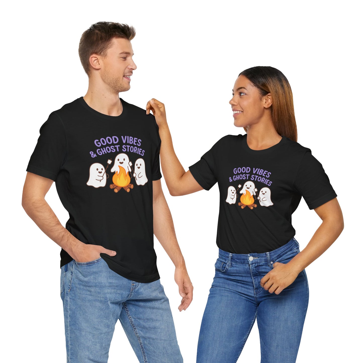 "Good Vibes & Ghost Stories" Unisex Jersey Short Sleeve Shirt for Halloween, Campfire Nights, Cozy Gatherings, Spirit Enthusiasts