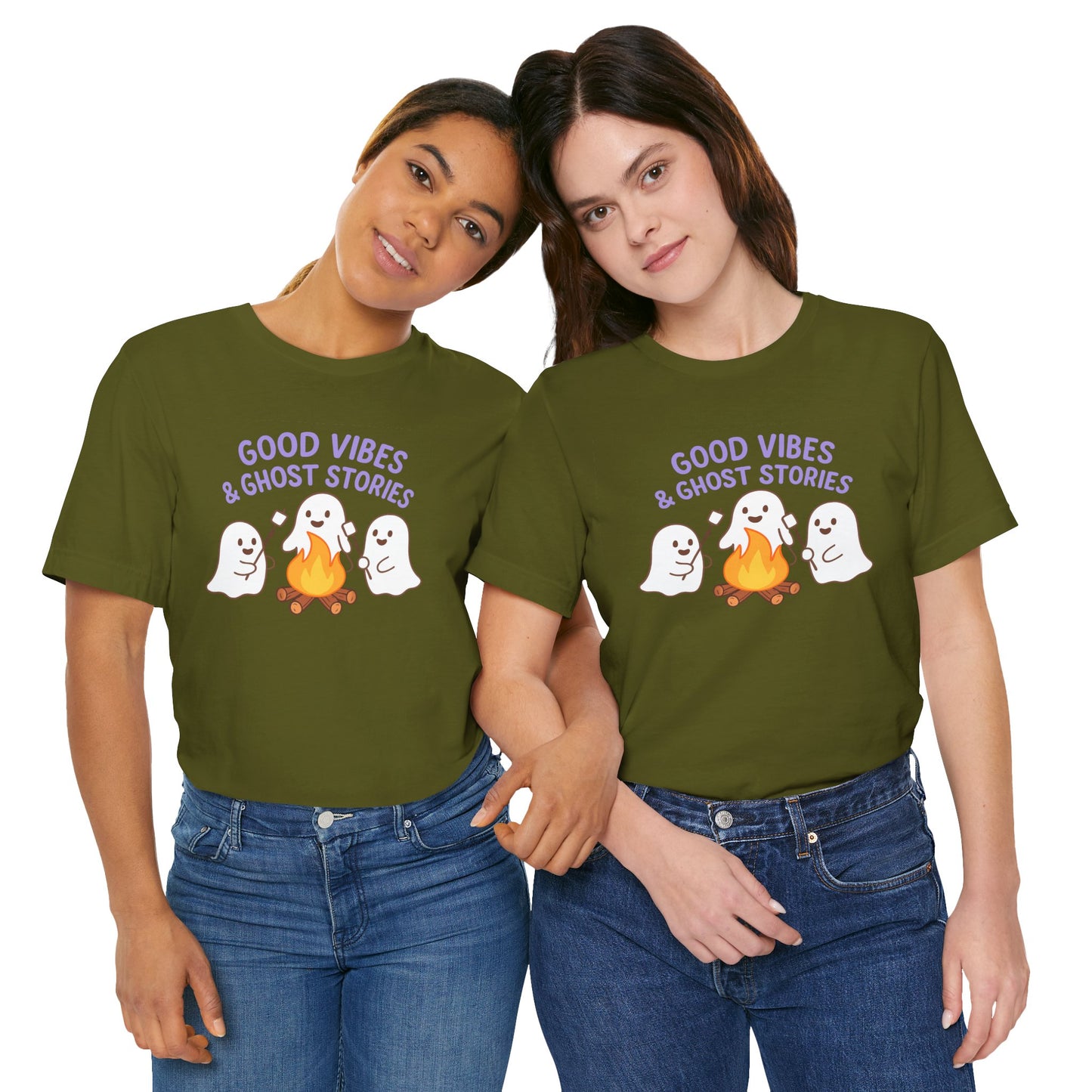 "Good Vibes & Ghost Stories" Unisex Jersey Short Sleeve Shirt for Halloween, Campfire Nights, Cozy Gatherings, Spirit Enthusiasts
