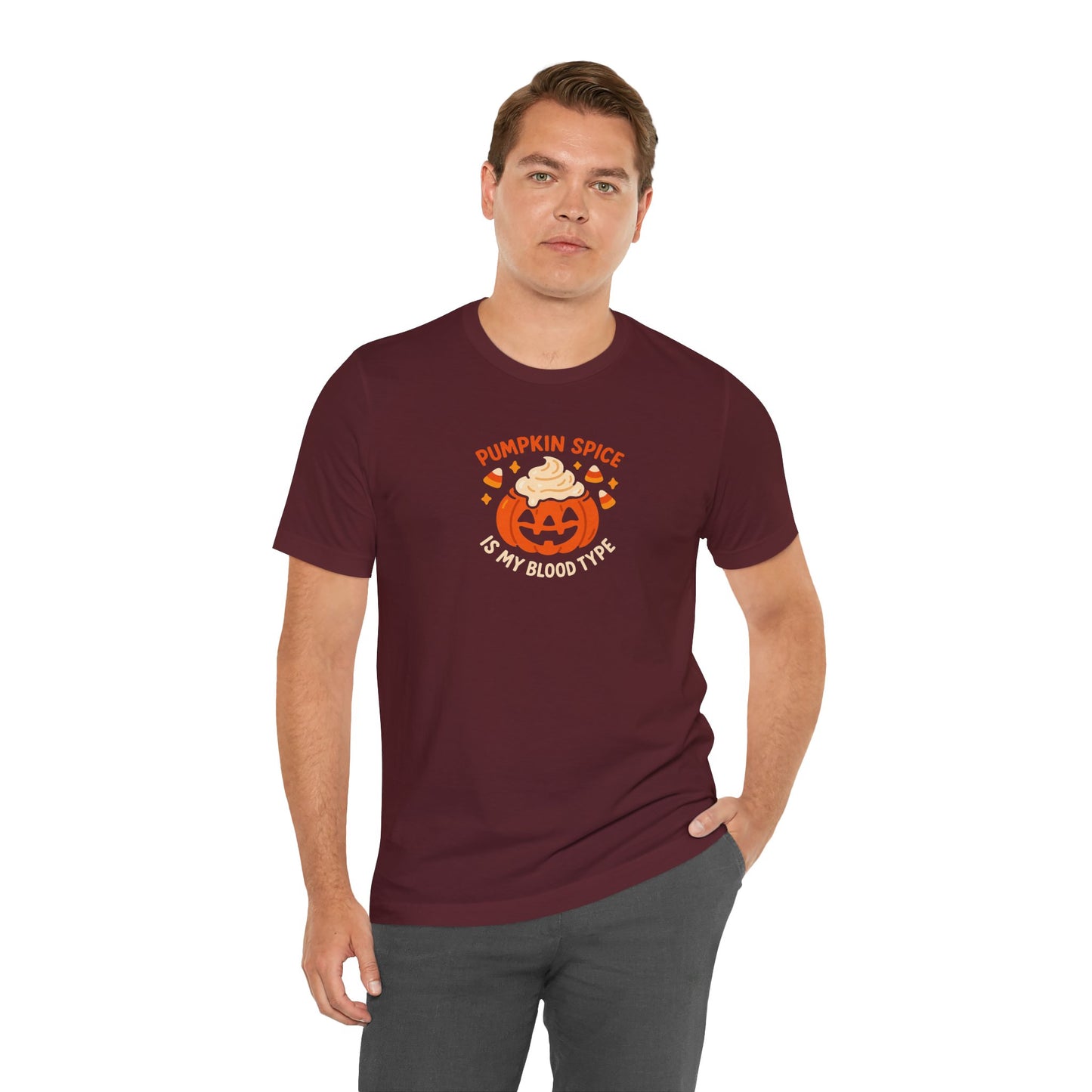 "Pumpkin Spice is My Blood Type" Short Sleeve Tee Fall Fashion, Halloween Shirt, Coffee Lover Gift, Autumn Wardrobe, Seasonal Tee