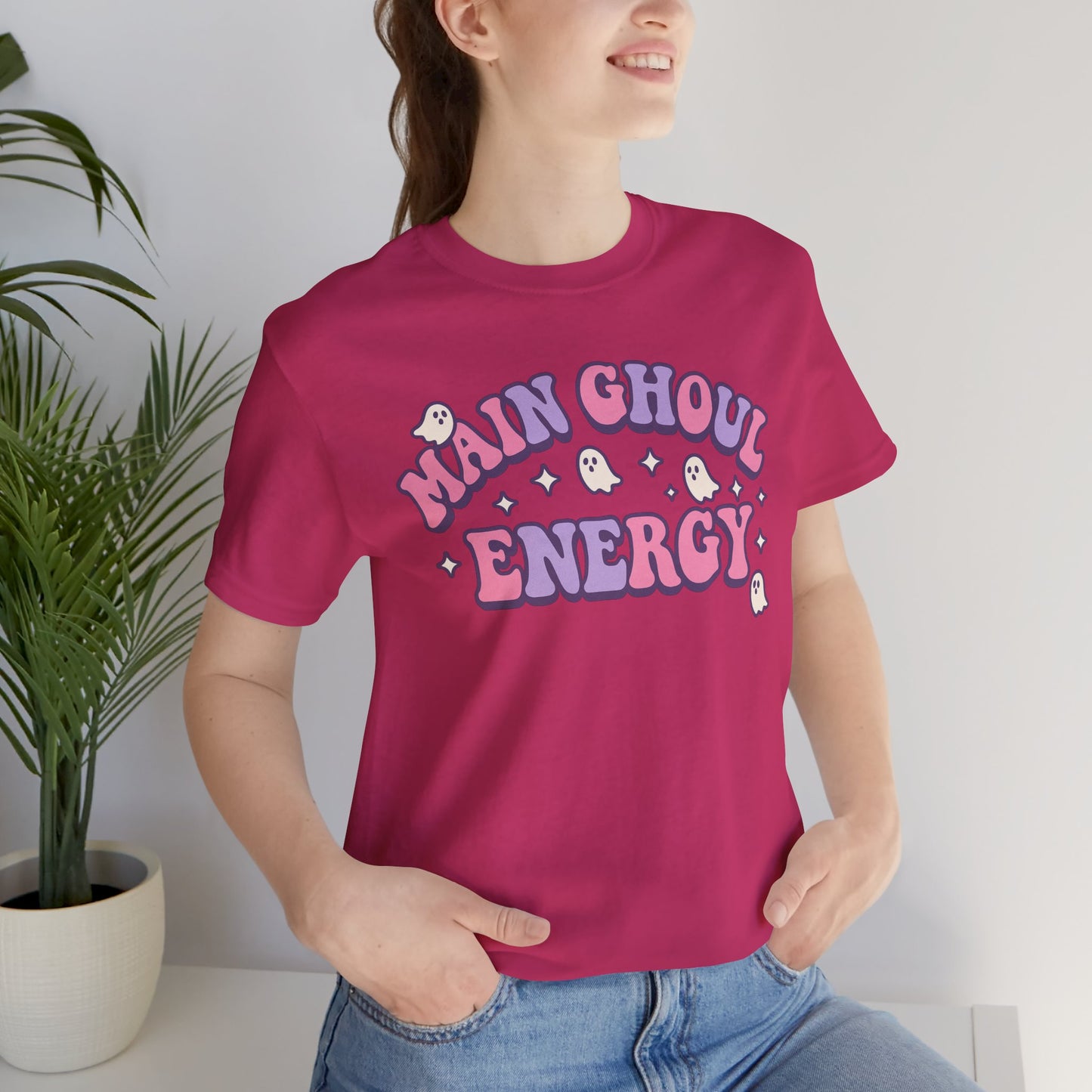 "Main Ghoul Energy" Unisex Short Sleeve T-Shirt, Halloween Party Shirt, Cute Graphic Tee, Gift for Ghost Lovers, Trendy Casual Wear