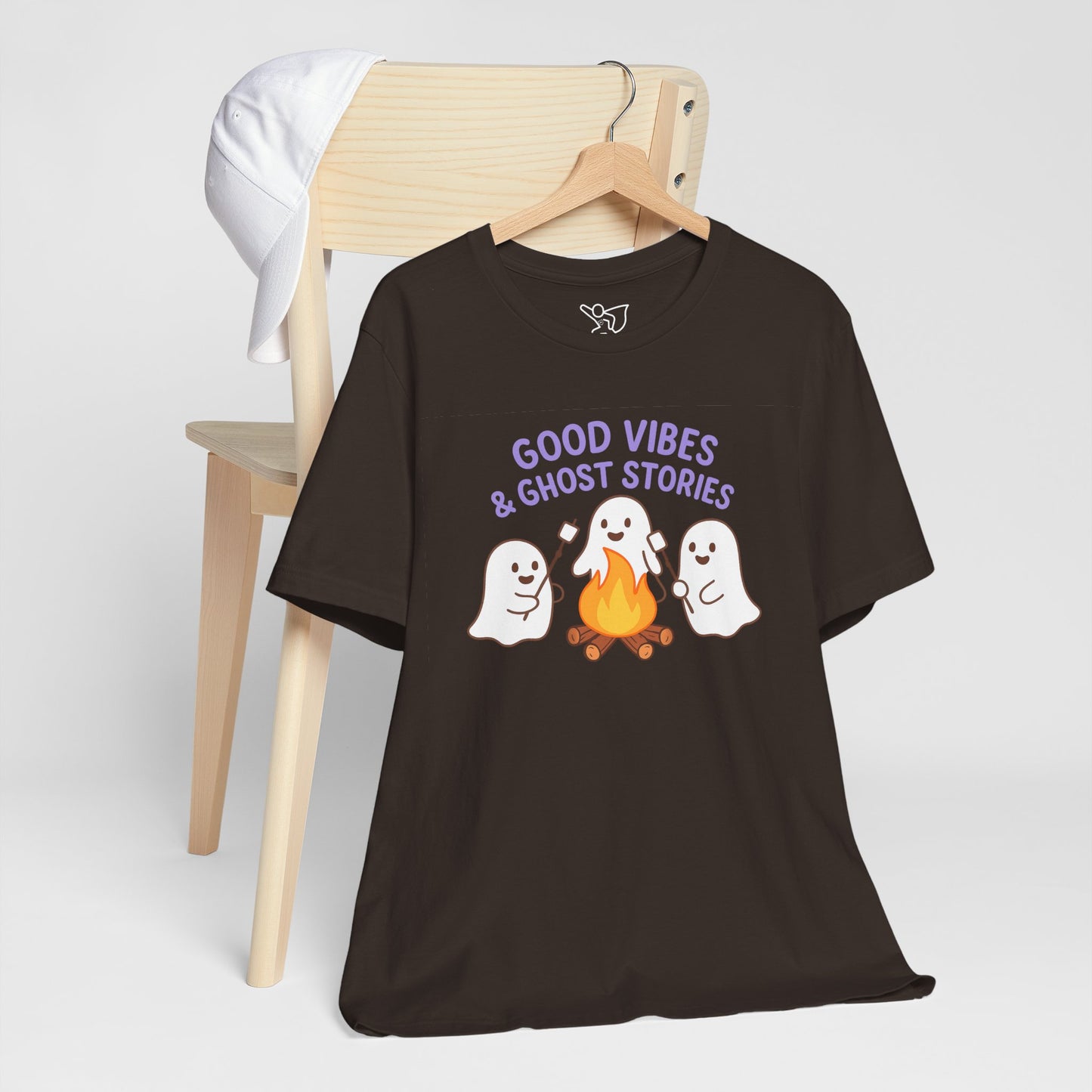 "Good Vibes & Ghost Stories" Unisex Jersey Short Sleeve Shirt for Halloween, Campfire Nights, Cozy Gatherings, Spirit Enthusiasts