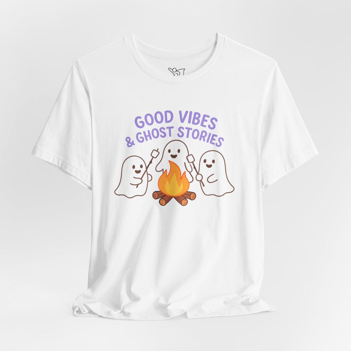 "Good Vibes & Ghost Stories" Unisex Jersey Short Sleeve Shirt for Halloween, Campfire Nights, Cozy Gatherings, Spirit Enthusiasts