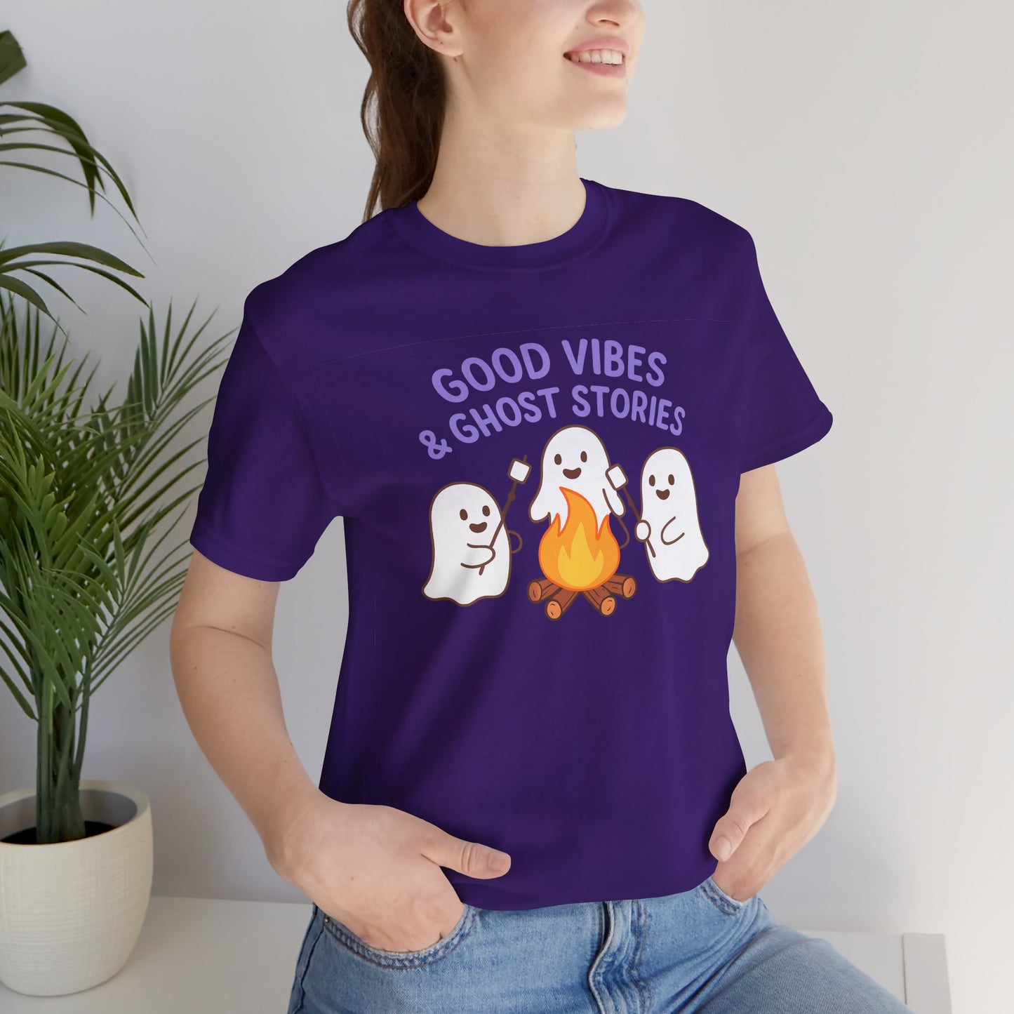 "Good Vibes & Ghost Stories" Unisex Jersey Short Sleeve Shirt for Halloween, Campfire Nights, Cozy Gatherings, Spirit Enthusiasts