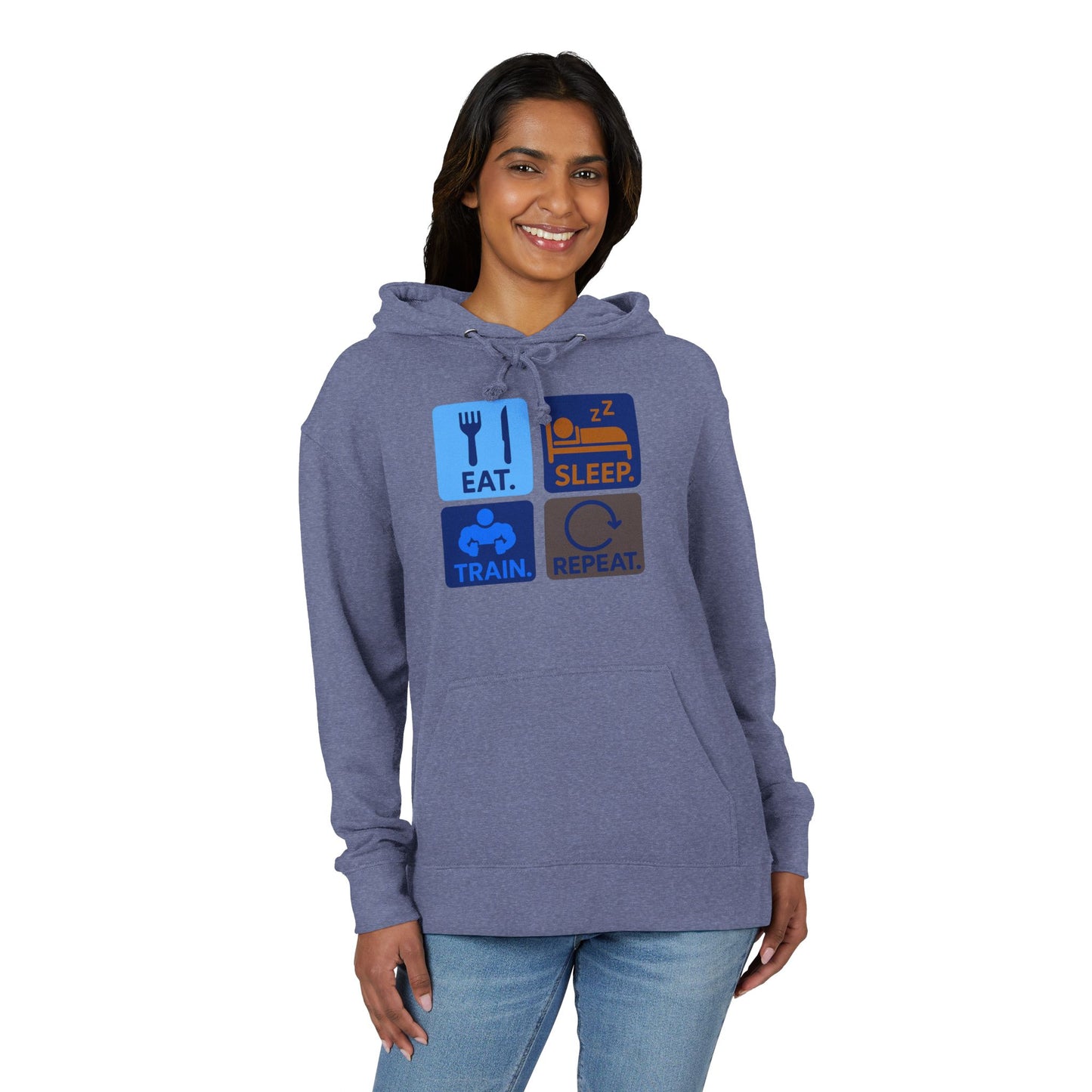 "EAT.SLEEP.TRAIN.REPEAT." Statement Hoodie for Fitness Lovers, Cozy Workout Gear, Athletic Hoodie, Motivational Hoodie, Gym Apparel
