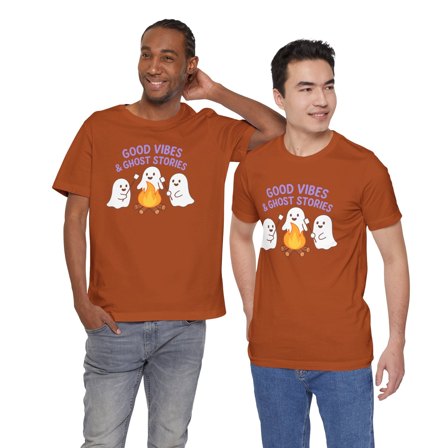 "Good Vibes & Ghost Stories" Unisex Jersey Short Sleeve Shirt for Halloween, Campfire Nights, Cozy Gatherings, Spirit Enthusiasts