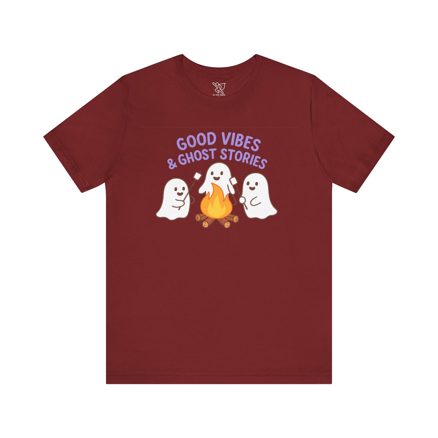 "Good Vibes & Ghost Stories" Unisex Jersey Short Sleeve Shirt for Halloween, Campfire Nights, Cozy Gatherings, Spirit Enthusiasts