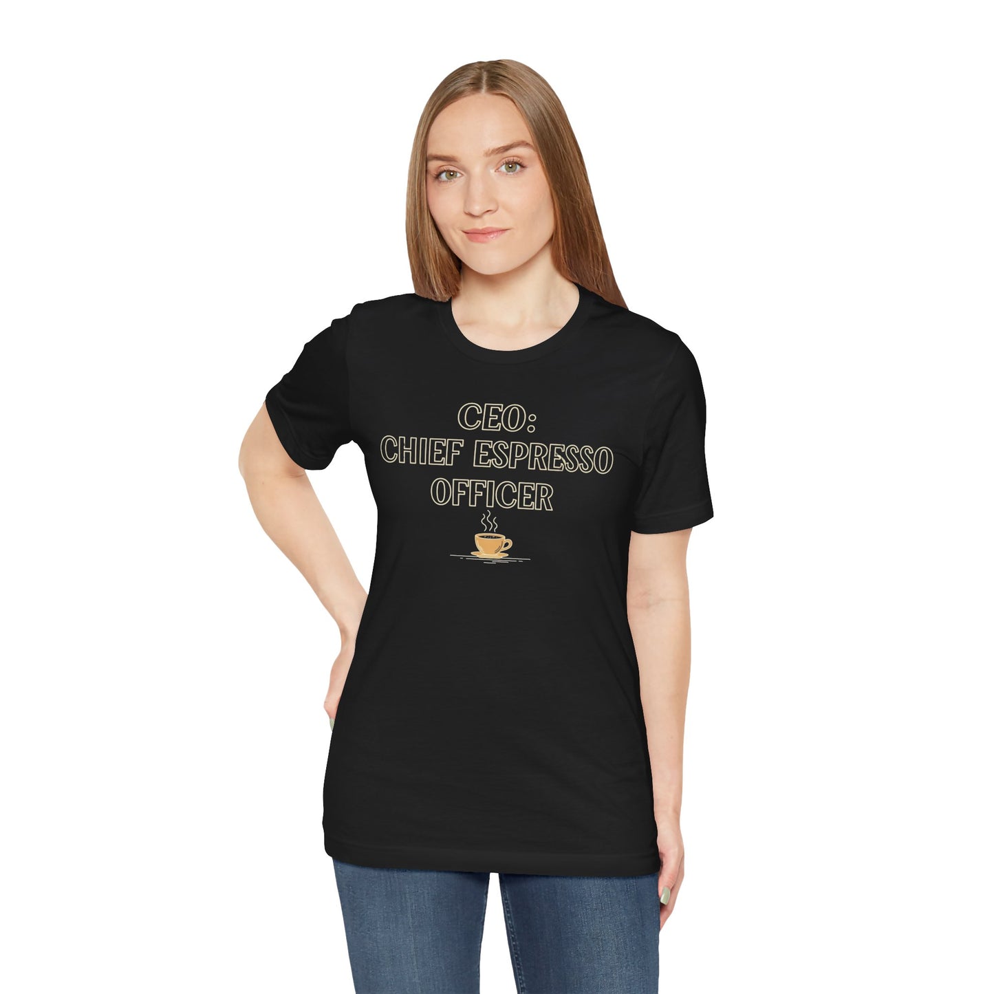 "CEO: Chief Espresso Officer" CW-1 Unisex Jersey T-Shirt for Baristas, Funny Coffee Shirt for Gifts, Perfect for Birthdays, Coffee Shop Outfits