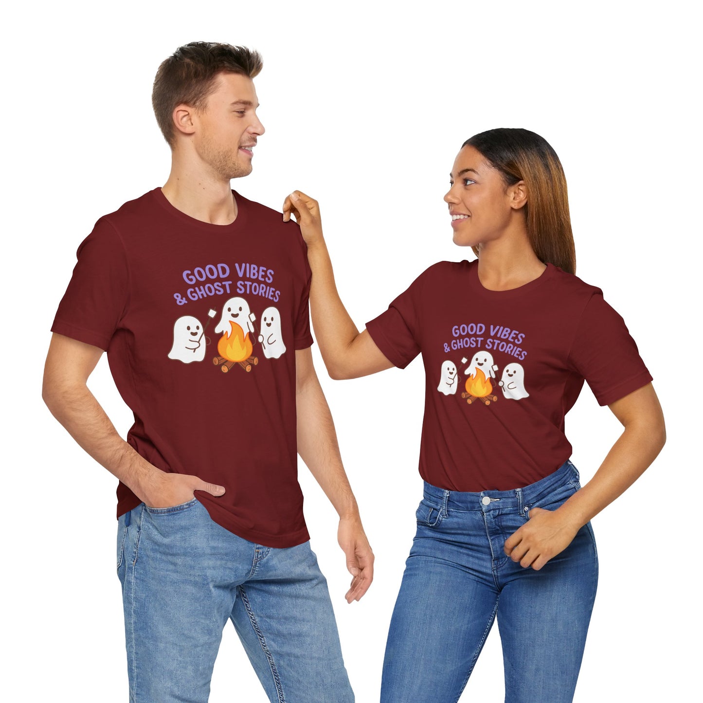 "Good Vibes & Ghost Stories" Unisex Jersey Short Sleeve Shirt for Halloween, Campfire Nights, Cozy Gatherings, Spirit Enthusiasts